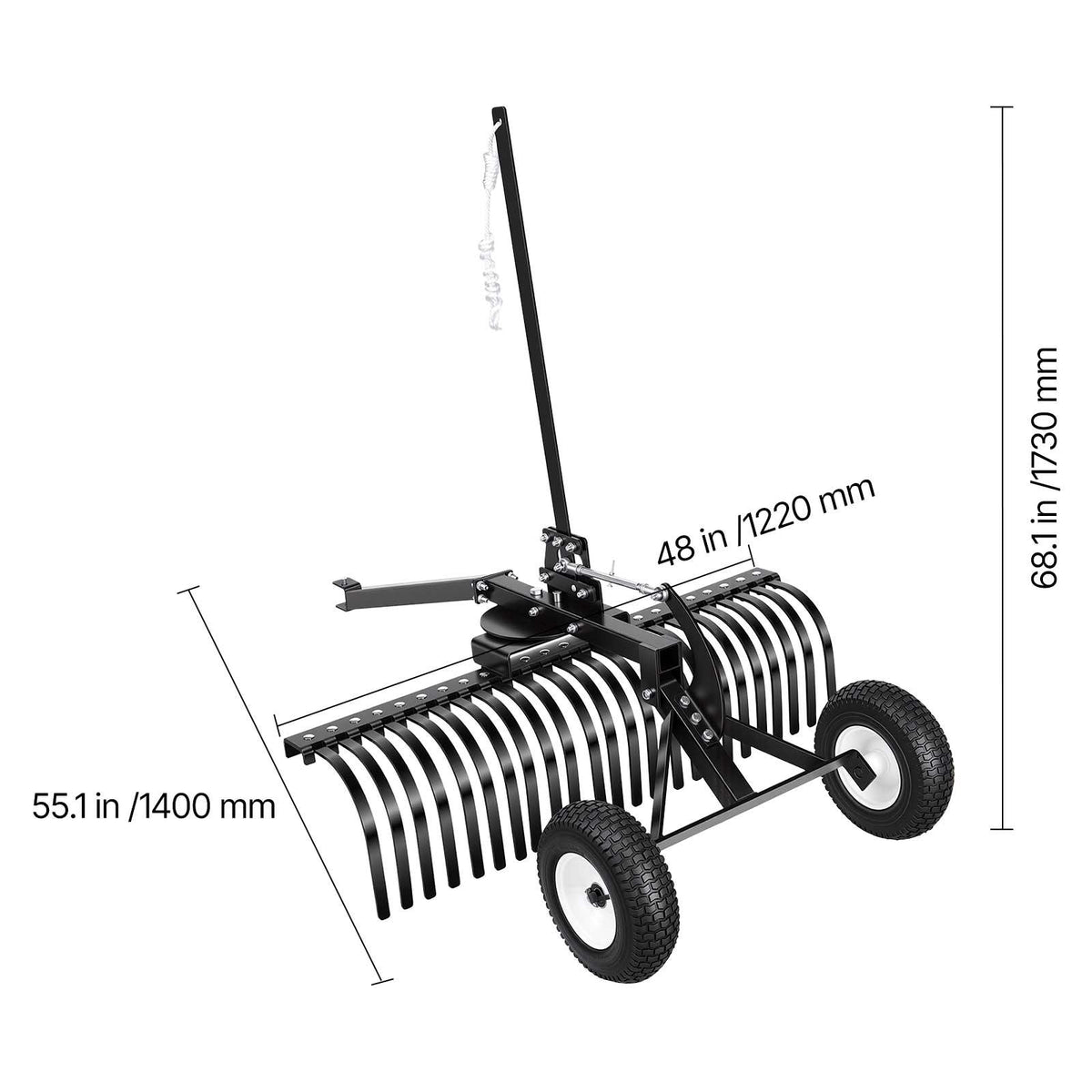 48in Tow Behind Landscape Rake, Pull Behind Lawn Rock Rakes for ATV Mower Tractors, 24 Durable Steel Tines, Adjustable Height & Angle, Heavy Duty Dethatcher Rake for Leaves Debris