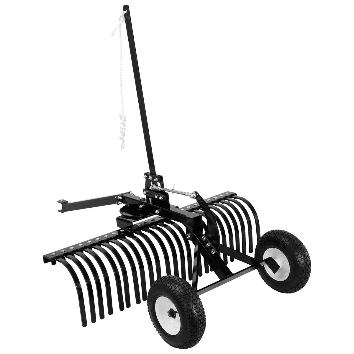 48in Tow Behind Landscape Rake, Pull Behind Lawn Rock Rakes for ATV Mower Tractors, 24 Durable Steel Tines, Adjustable Height & Angle, Heavy Duty Dethatcher Rake for Leaves Debris
