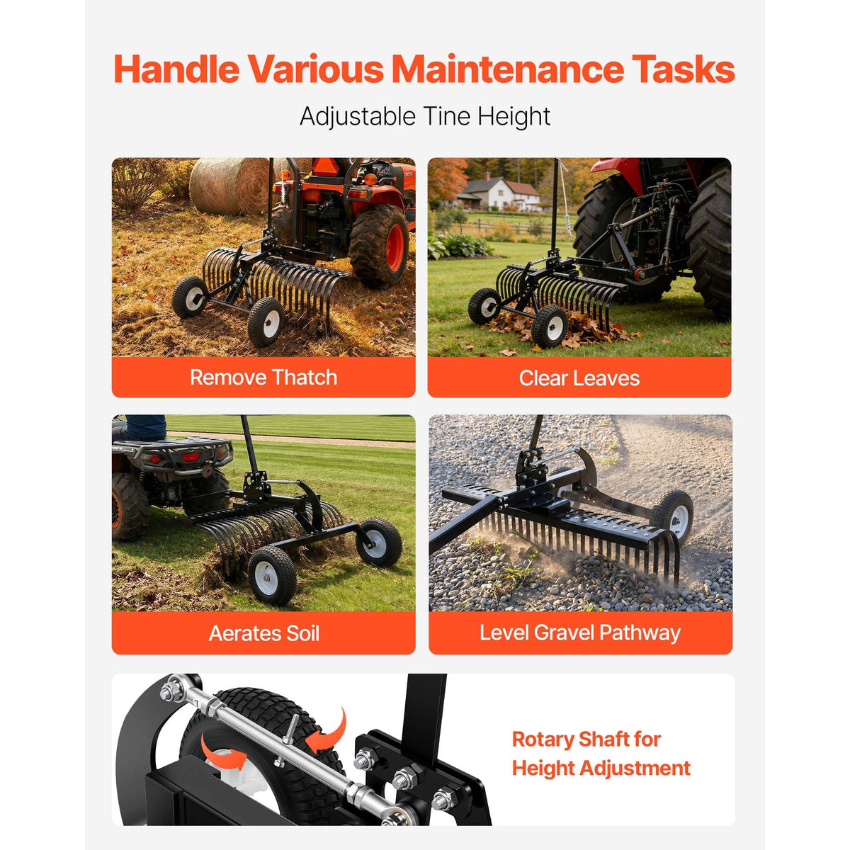 48in Tow Behind Landscape Rake, Pull Behind Lawn Rock Rakes for ATV Mower Tractors, 24 Durable Steel Tines, Adjustable Height & Angle, Heavy Duty Dethatcher Rake for Leaves Debris