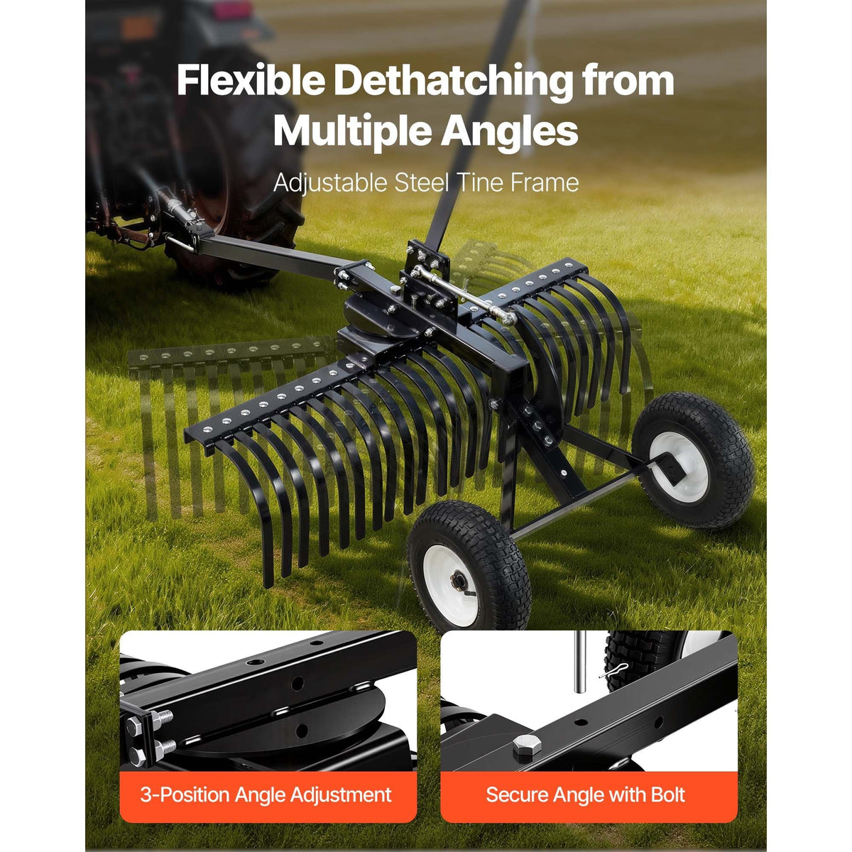 48in Tow Behind Landscape Rake, Pull Behind Lawn Rock Rakes for ATV Mower Tractors, 24 Durable Steel Tines, Adjustable Height & Angle, Heavy Duty Dethatcher Rake for Leaves Debris