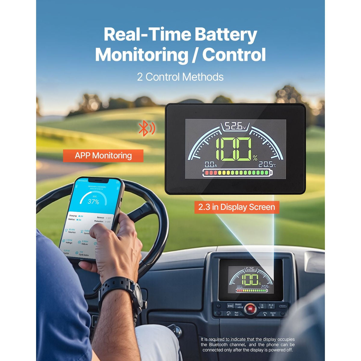 48V 105Ah Golf Cart Lithium Battery, 48 Volt Golf Cart Battery with 200A BMS, LCD Monitor and Mobile APP, LiFePO4 Battery with 600A Peak Current, 20A Charger and 4000+ Cycles, for Golf Carts