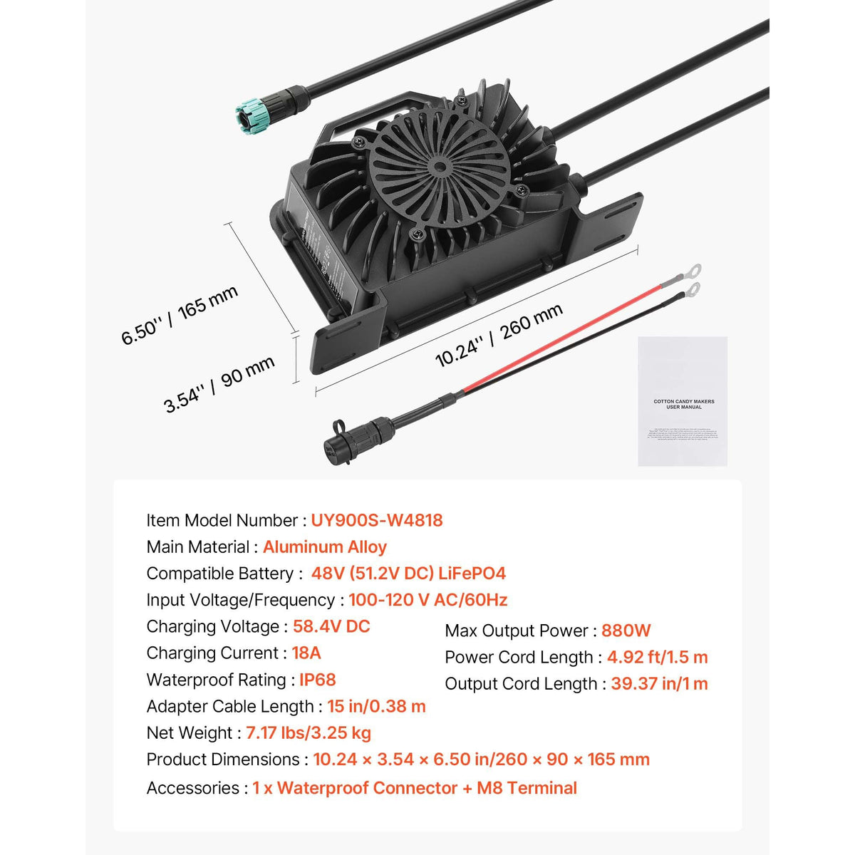 48V 18A Lithium Battery Charger, 58.4V, AC-DC LiFePO4 Smart Charger, with Waterproof Connector, LED Indicator, 0V Activation, for LiFePO4 Deep Cycle Rechargeable Batteries of Boat, RV, IP68