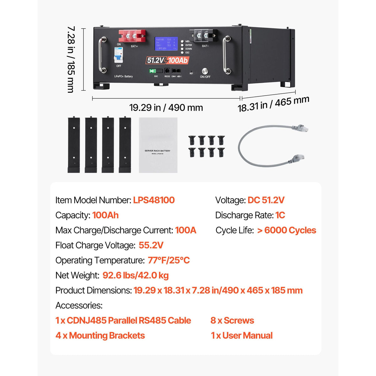 48V 200Ah LiFePO4 Lithium Battery, 2 Pack 100Ah, 10.24kWh Capacity, 51.2V Server Rack LiFePO4 Battery with Bluetooth, Max 6000 Cycles, LCD Display, for Off-Grid, Solar System, Backup Power