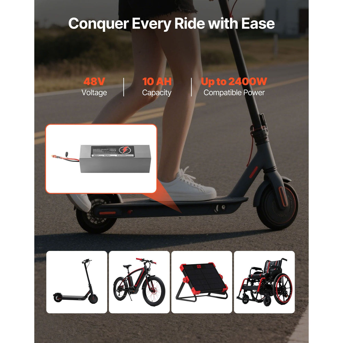 48V Electric Scooter Battery, 10Ah, Ebike Lithium Battery Pack with 30A BMS, Charger, T-Plug Expansion Cable, 500+ Cycles, Compatible with 2400W Motors, for Electric Bikes Bicycles, Scooters