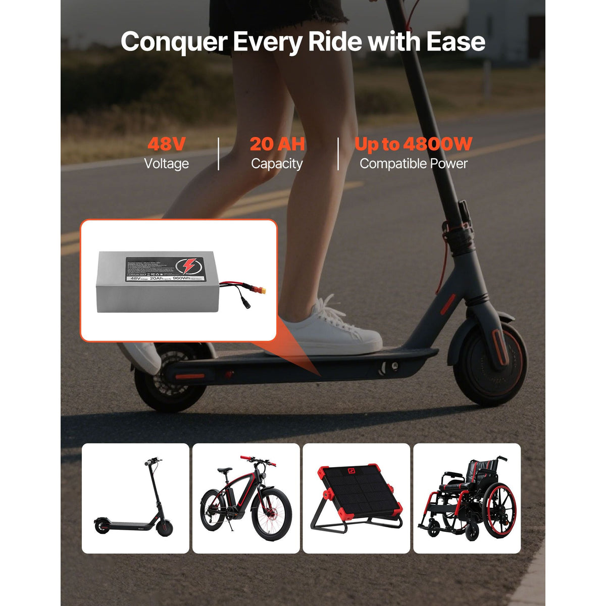 48V Electric Scooter Battery, 20Ah, Ebike Lithium Battery Pack with 30A BMS, Charger, T-Plug Expansion Cable, 500+ Cycles, Compatible with 4800W Motors, for Electric Bikes Bicycles, Scooters