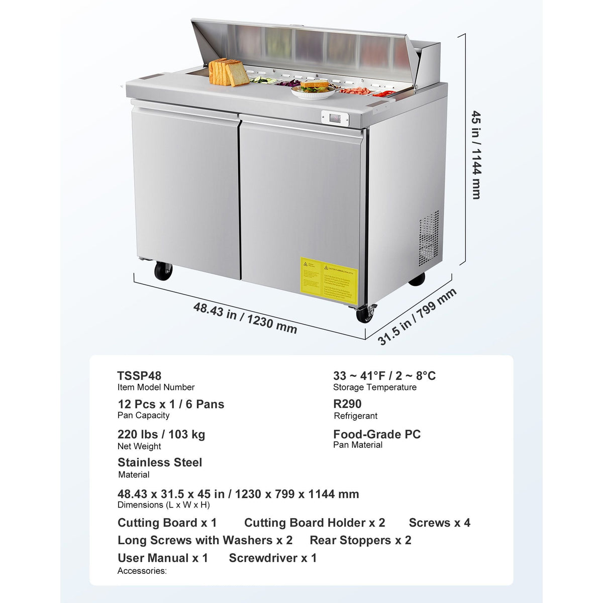 48"W Commercial Refrigerator, 12.5 Cu. Ft Sandwich Prep Refrigerated Table, Mega Top Food Prep Fridge with 12 Pans and Cutting Board, Stainless Steel Salad Prep Cooler for Restaurant, Food Truck