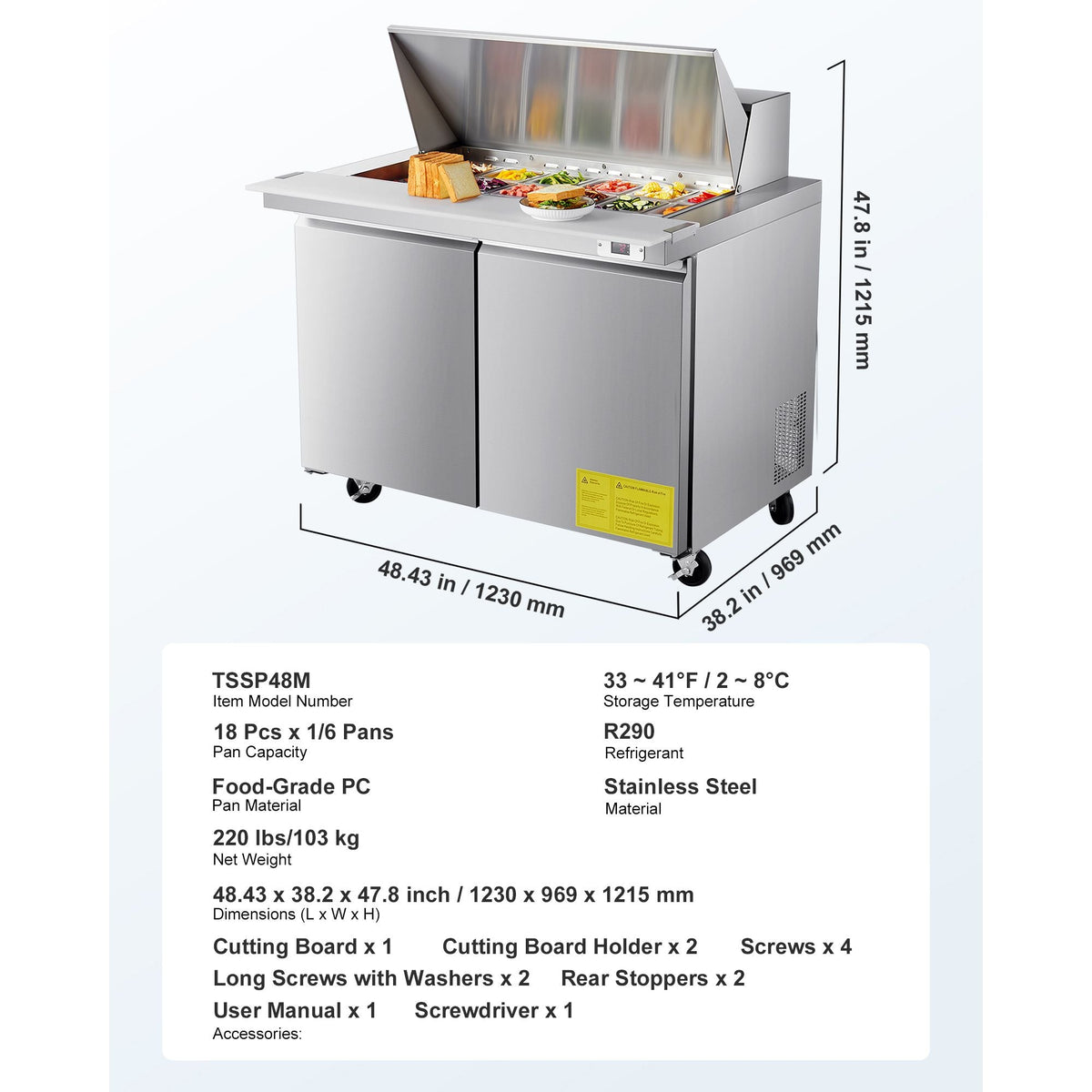 48"W Commercial Refrigerator, 12.5 Cu. Ft Sandwich Prep Refrigerated Table, Mega Top Food Prep Fridge with 18 Pans and Cutting Board, Stainless Steel Salad Prep Cooler for Restaurant, Food Truck