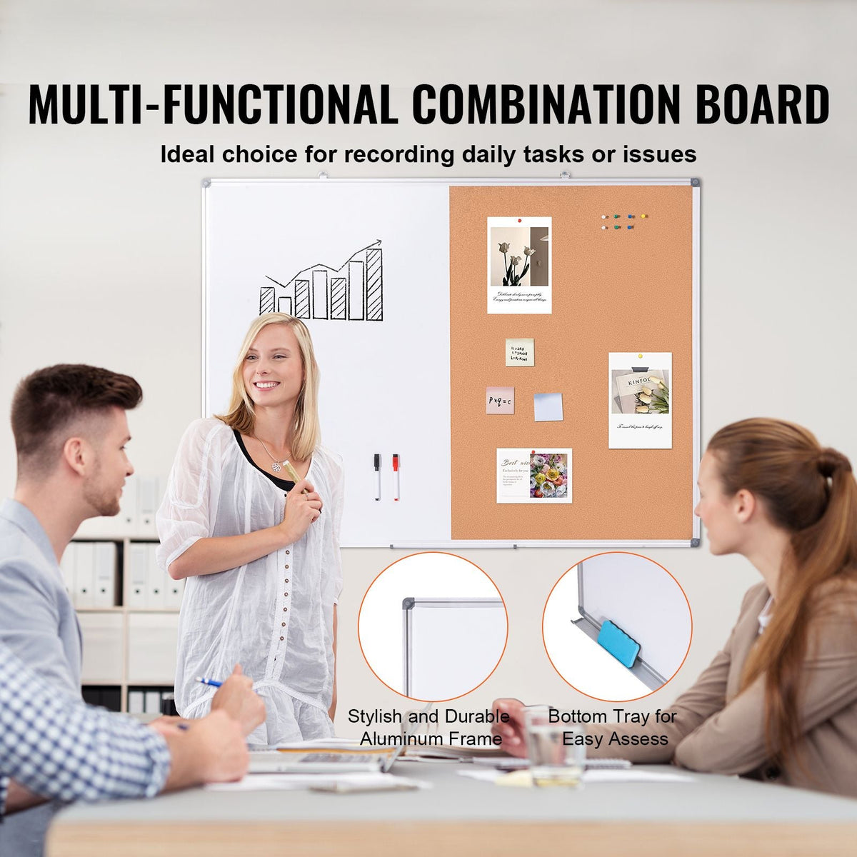 48"x 36" Whiteboard & Cork Board Combo with Aluminum Frame – 2-in-1 Magnetic Dry Erase Bulletin Board for Wall Mount – Ideal for School, Home, Office