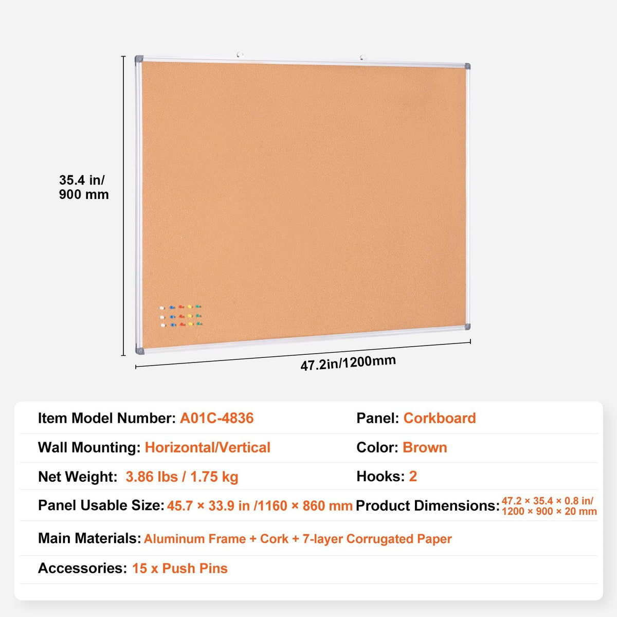 48"x36" Large Cork Board – Wall-Mounted Bulletin Board with Pin Board – Perfect for School, Home, Office