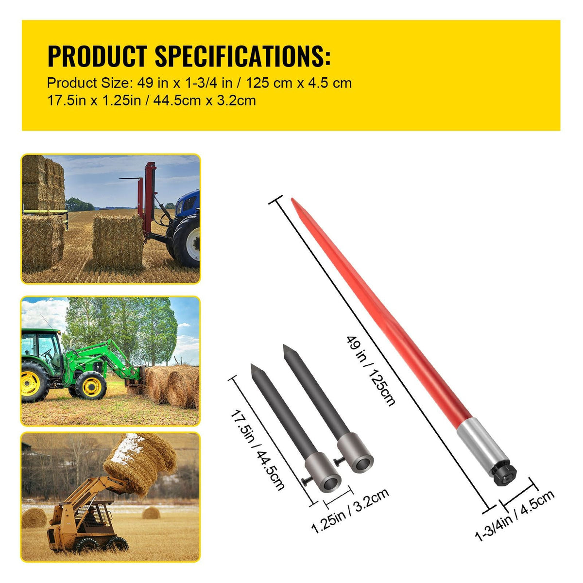 49" Hay Bale Spear 3000 lbs Capacity with Nut and Sleeve
