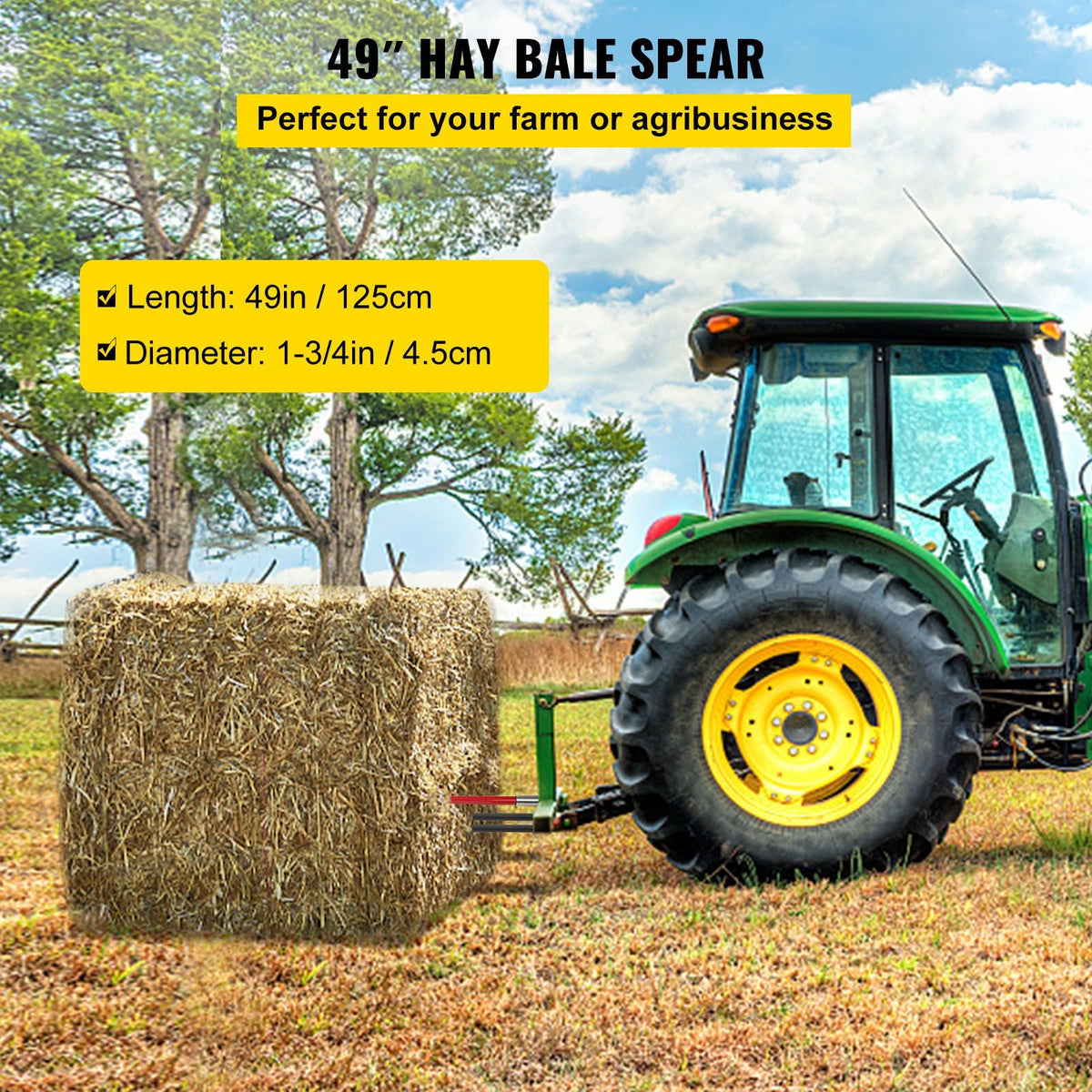49" Hay Bale Spear 3000 lbs Capacity with Nut and Sleeve