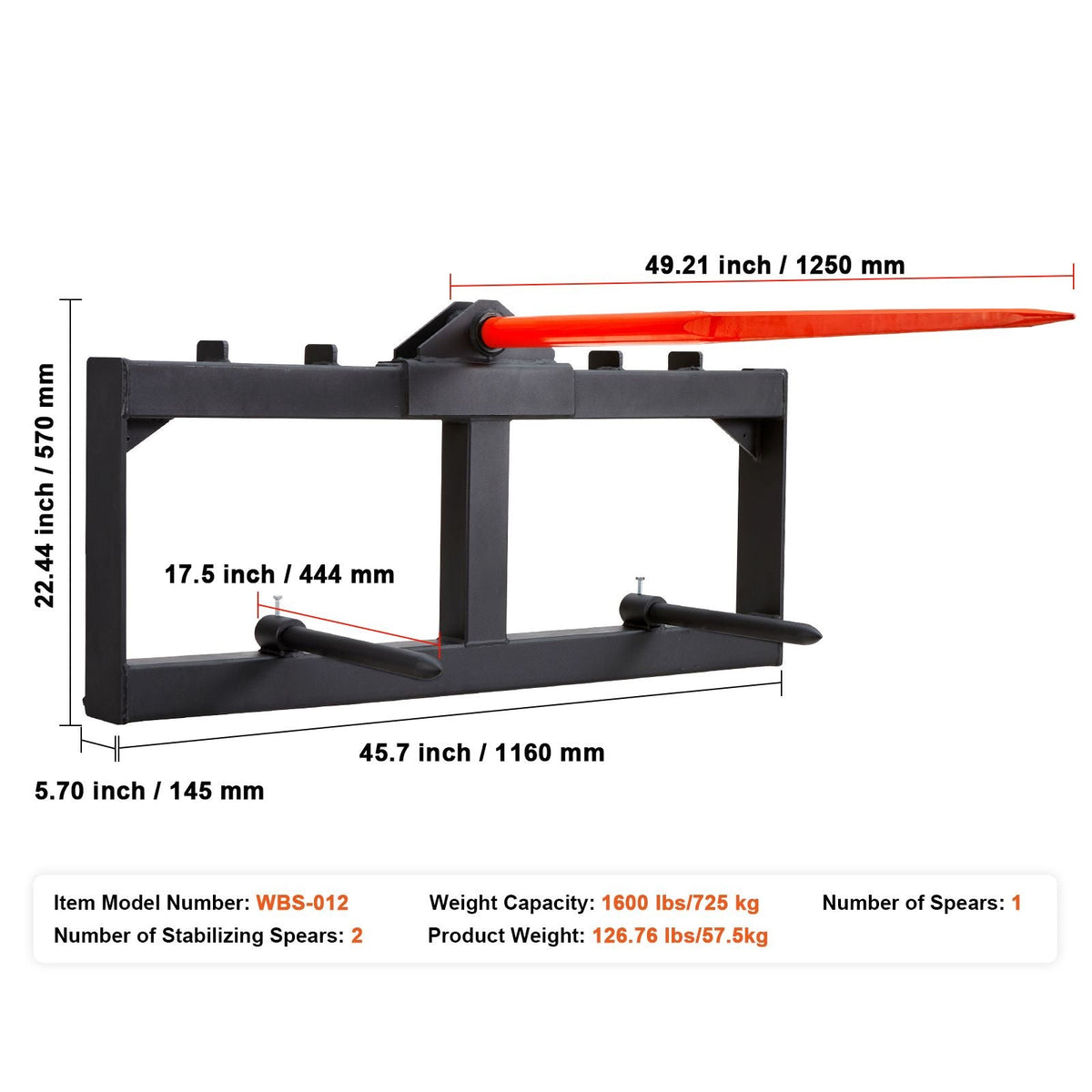 49" Hay Spear, Bale Spears 1600lbs Loading Capacity, Skid Steer Loader Tractor Attachment with 2pcs 17.5" Stabilizer Spears, Quick Attach Spike Forks