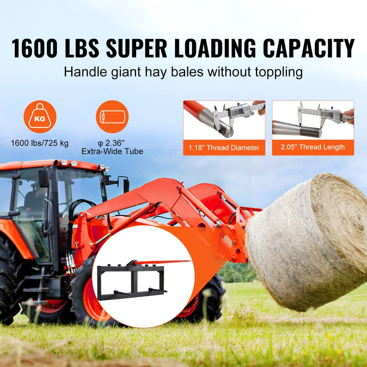 49" Hay Spear, Bale Spears 1600lbs Loading Capacity, Skid Steer Loader Tractor Attachment with 2pcs 17.5" Stabilizer Spears, Quick Attach Spike Forks