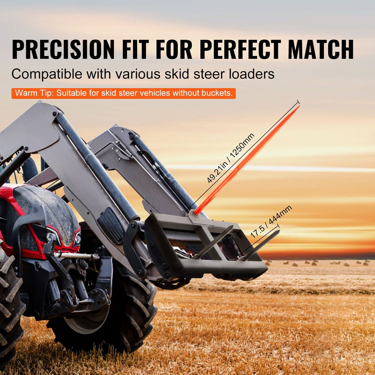 49" Hay Spear, Bale Spears 1600lbs Loading Capacity, Skid Steer Loader Tractor Attachment with 2pcs 17.5" Stabilizer Spears, Quick Attach Spike Forks