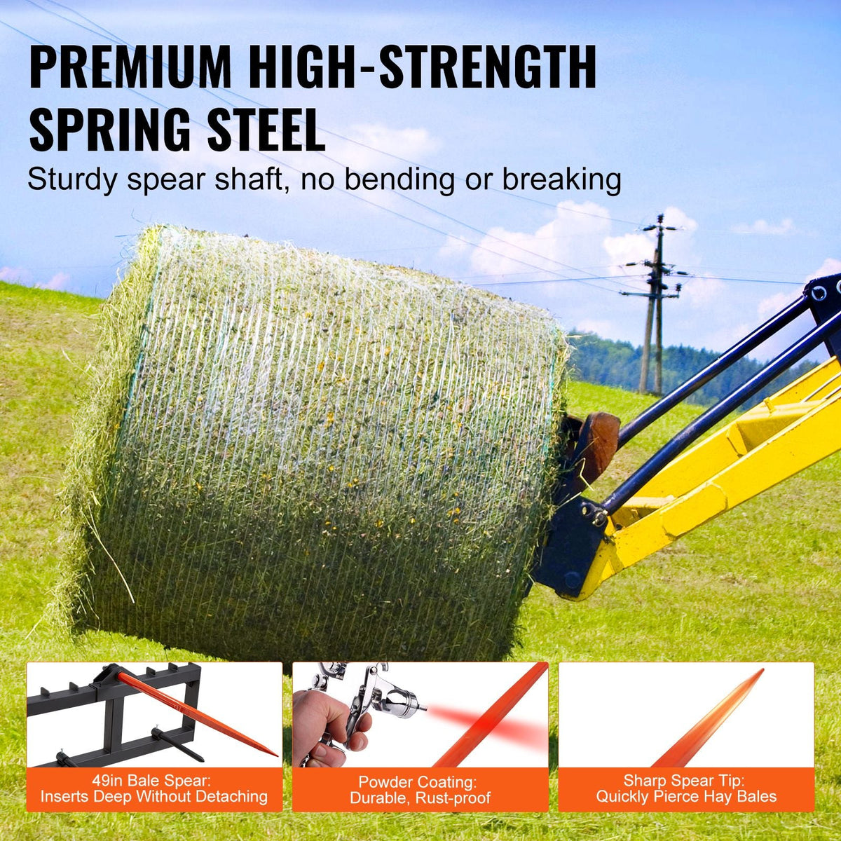 49" Hay Spear, Bale Spears 1600lbs Loading Capacity, Skid Steer Loader Tractor Attachment with 2pcs 17.5" Stabilizer Spears, Quick Attach Spike Forks