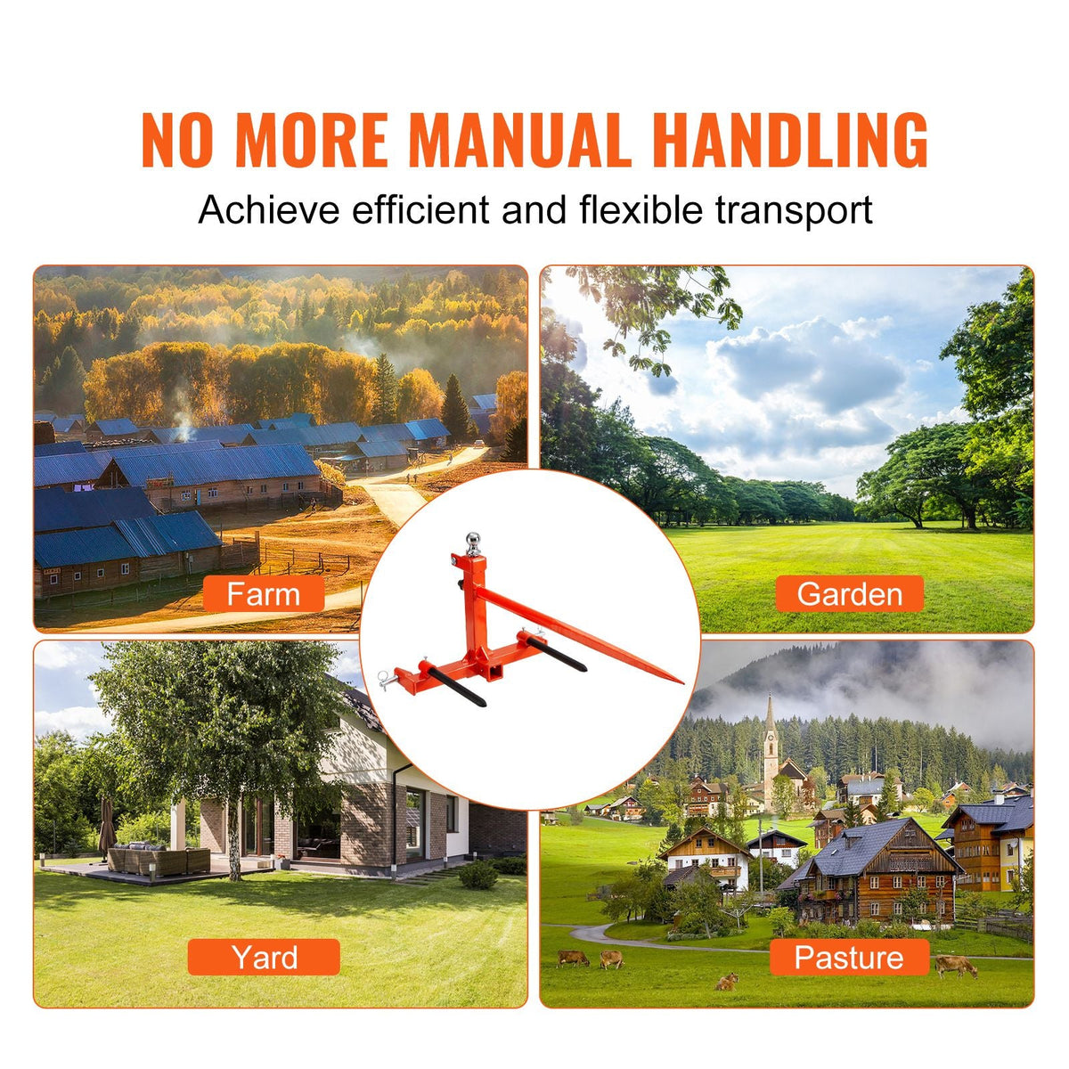 49" Hay Spear, Bale Spears 1600lbs Loading Capacity, Three-Point Hitch Tractor Attachment with 2pcs 17.5" Stabilizer Spears, Quick Attach Spike Forks