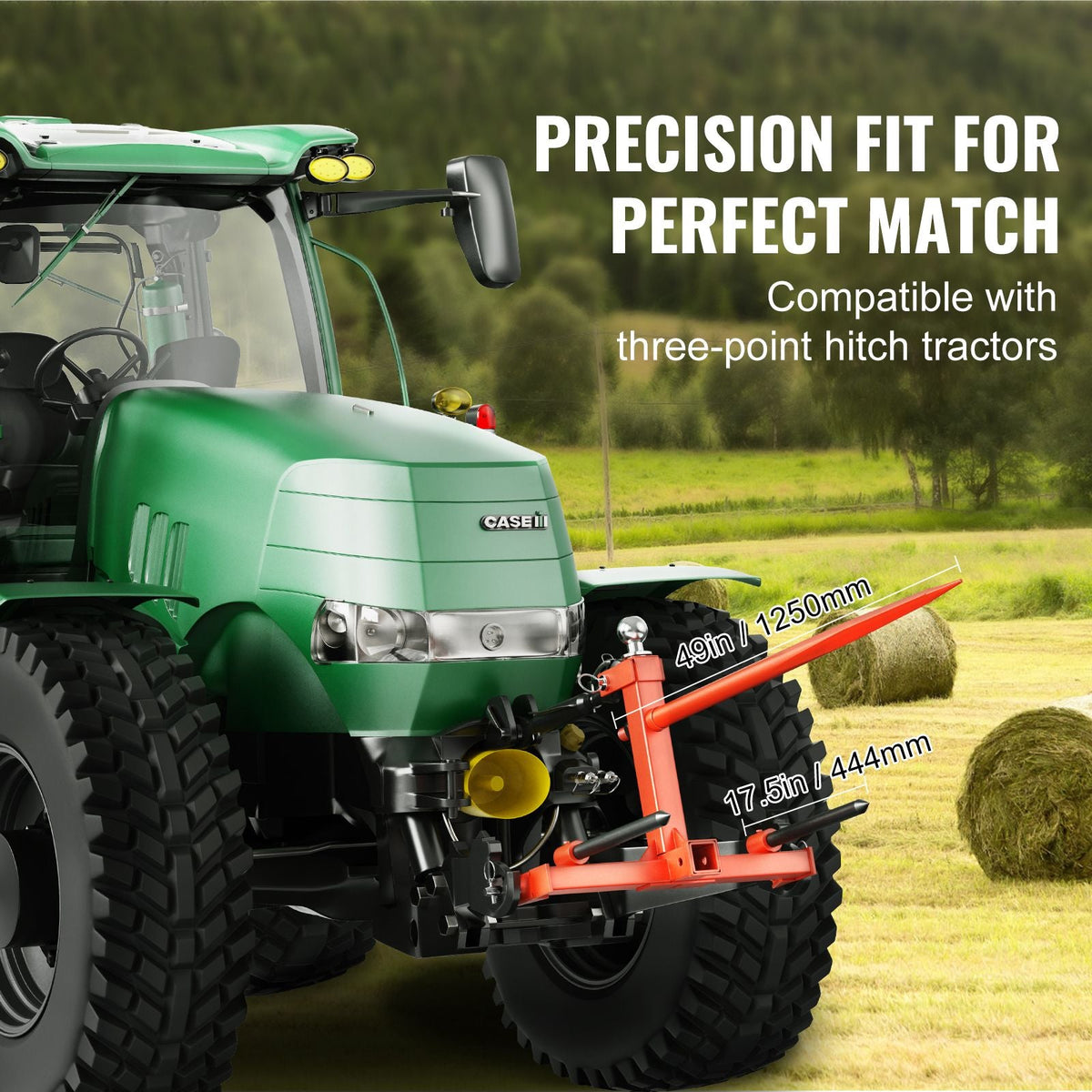 49" Hay Spear, Bale Spears 1600lbs Loading Capacity, Three-Point Hitch Tractor Attachment with 2pcs 17.5" Stabilizer Spears, Quick Attach Spike Forks