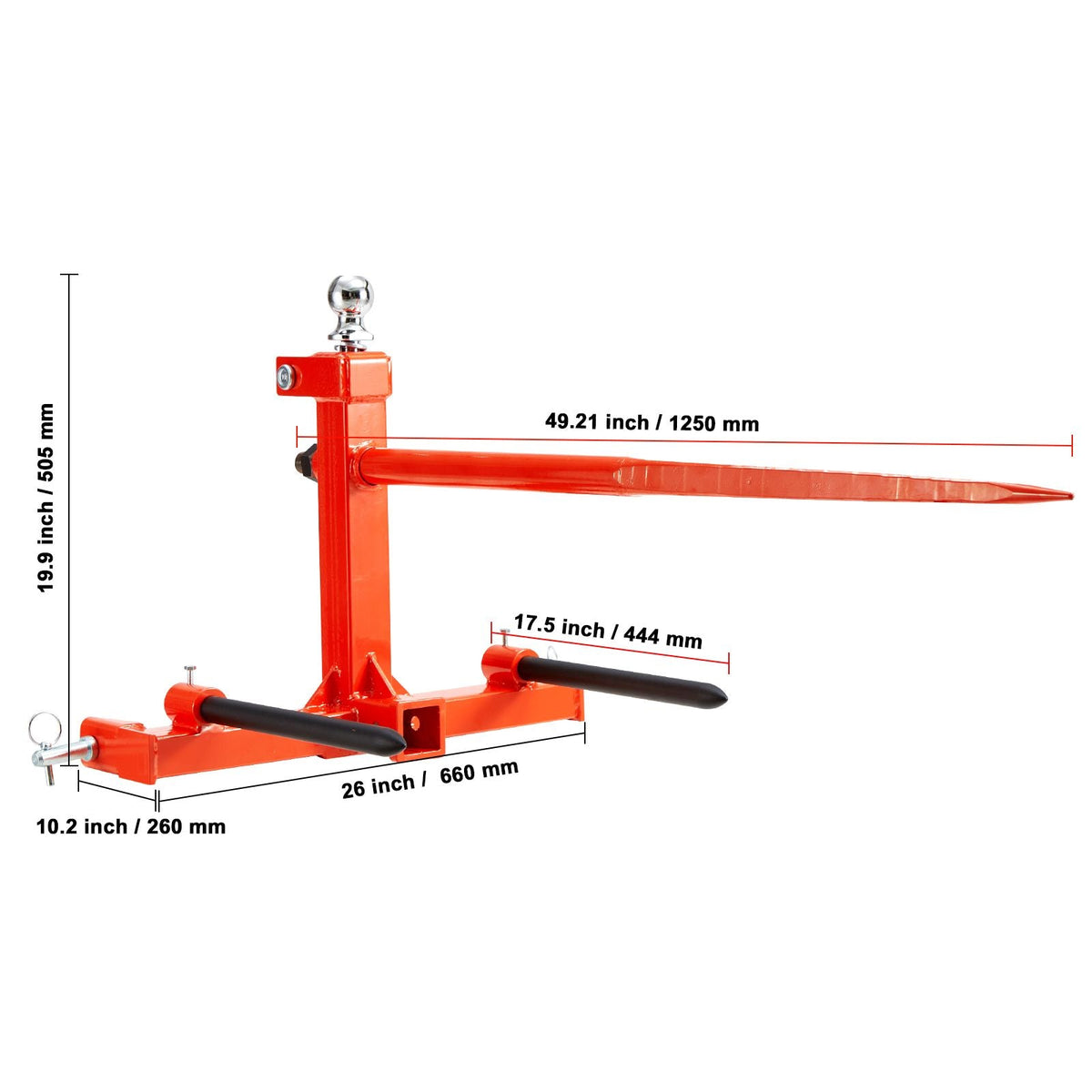 49" Hay Spear, Bale Spears 1600lbs Loading Capacity, Three-Point Hitch Tractor Attachment with 2pcs 17.5" Stabilizer Spears, Quick Attach Spike Forks