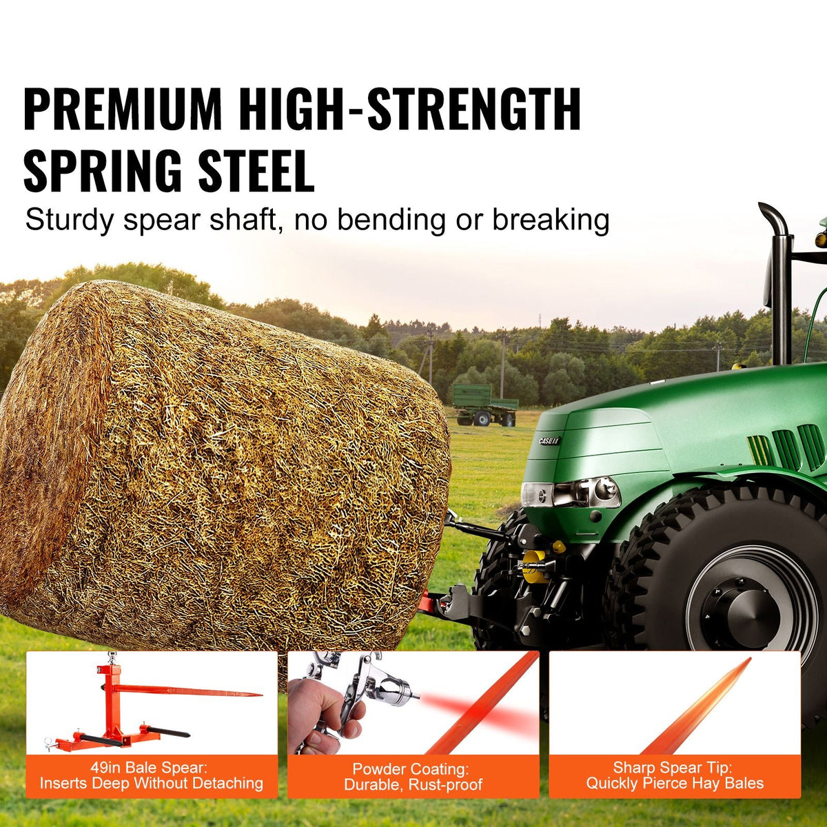49" Hay Spear, Bale Spears 1600lbs Loading Capacity, Three-Point Hitch Tractor Attachment with 2pcs 17.5" Stabilizer Spears, Quick Attach Spike Forks
