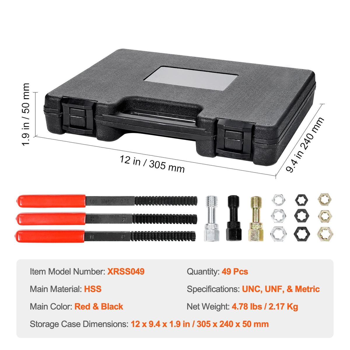 49-Piece Thread Chaser Set, UNC UNF and Metric Thread Restorer Tool, Rethreading Tool Kit with 22 Taps 24 Dies 3 Thread Files Storage Case, Heat Treated Steel, for Mechanics DIY Enthusiasts