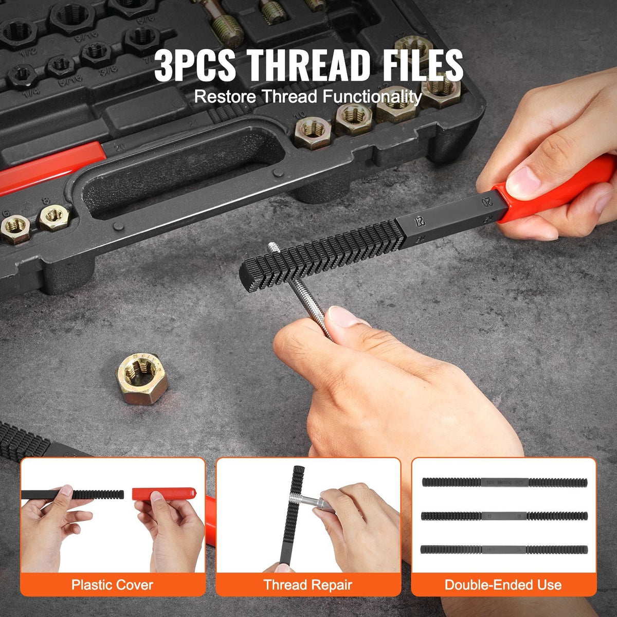 49-Piece Thread Chaser Set, UNC UNF and Metric Thread Restorer Tool, Rethreading Tool Kit with 22 Taps 24 Dies 3 Thread Files Storage Case, Heat Treated Steel, for Mechanics DIY Enthusiasts