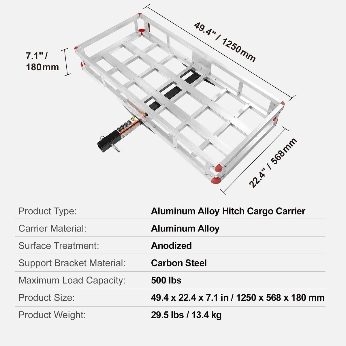 49.4 x 22.4 x 7.1 in Hitch Cargo Carrier, 500lbs Loading Capacity Trailer Hitch Mounted Cargo Basket, Rust-proof Aluminum Luggage Carrier Rack Fits 2" Hitch Receiver for SUV Truck Pickup Camping