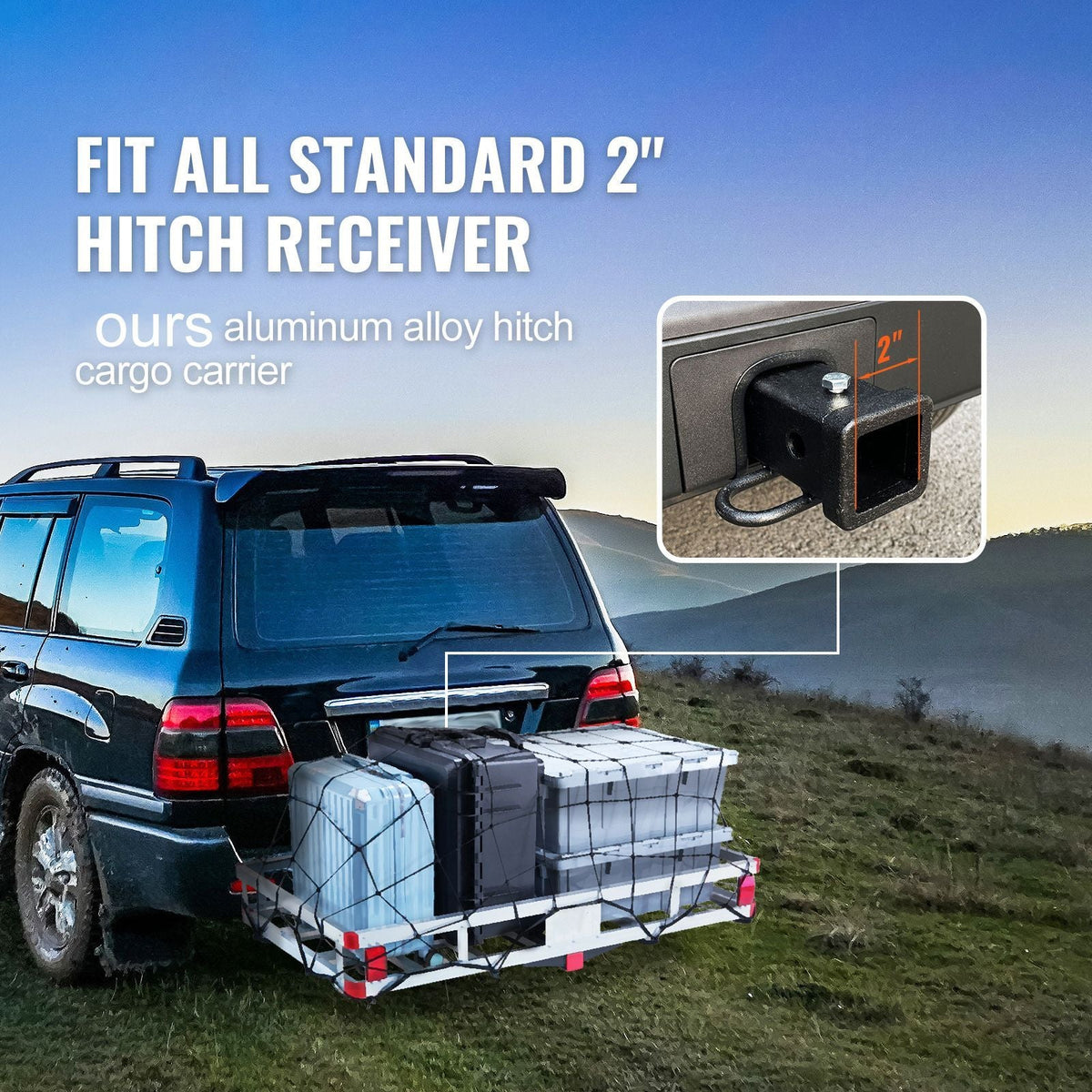 49.4 x 22.4 x 7.1 in Hitch Cargo Carrier, 500lbs Loading Capacity Trailer Hitch Mounted Cargo Basket, Rust-proof Aluminum Luggage Carrier Rack Fits 2" Hitch Receiver for SUV Truck Pickup Camping
