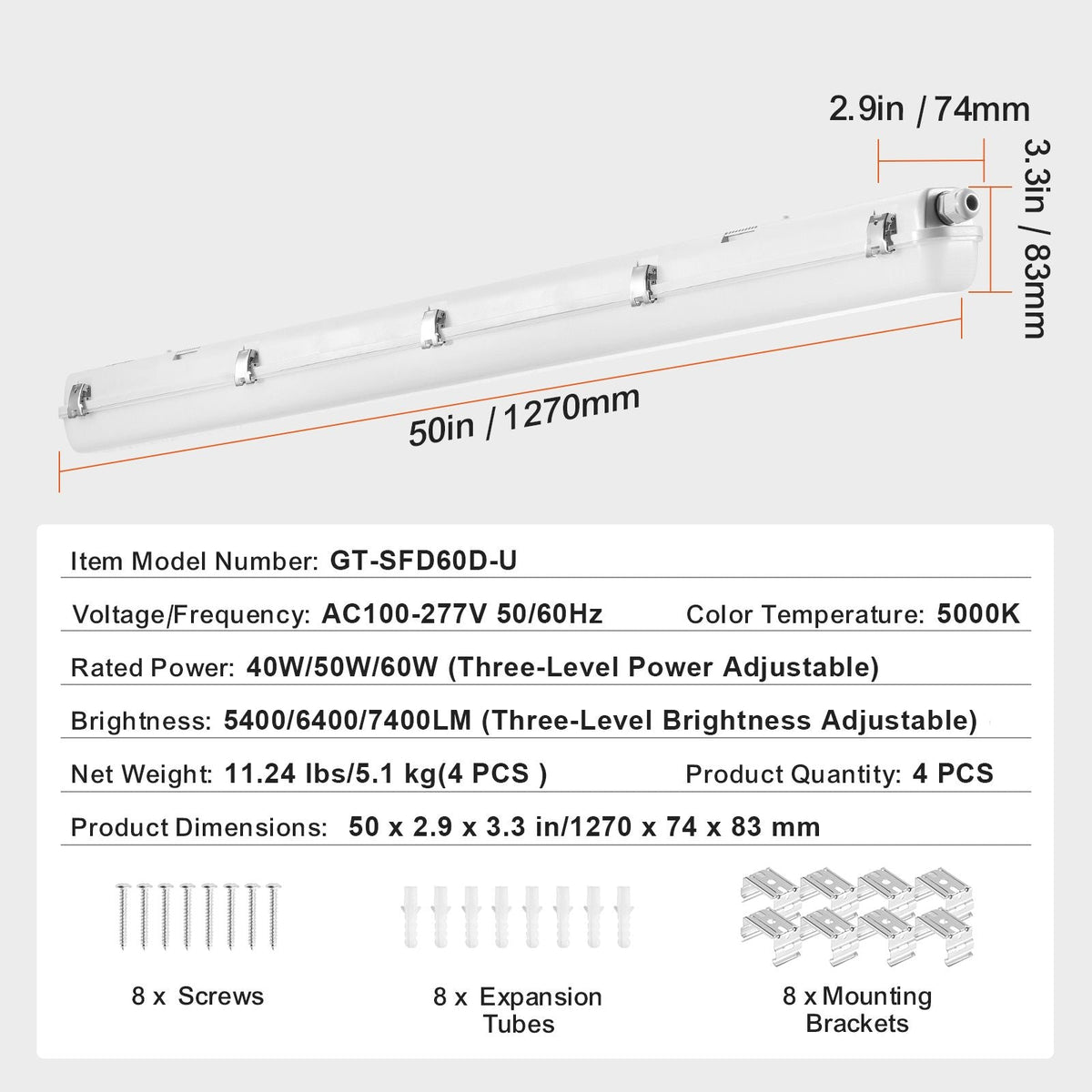 4FT LED Vapor Tight Light, 60W/50W/40W Selectable, 5000K Vapor Proof Light Fixture with 5400/6400/7400LM Adjustable, IP65 Waterproof for Parking Lot Warehouse Walk-In Freezer Car Wash, 4-Pack