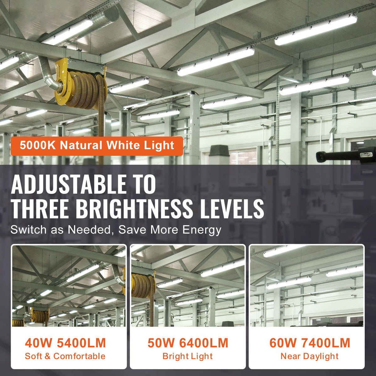 4FT LED Vapor Tight Light, 60W/50W/40W Selectable, 5000K Vapor Proof Light Fixture with 5400/6400/7400LM Adjustable, IP65 Waterproof for Parking Lot Warehouse Walk-In Freezer Car Wash, 4-Pack