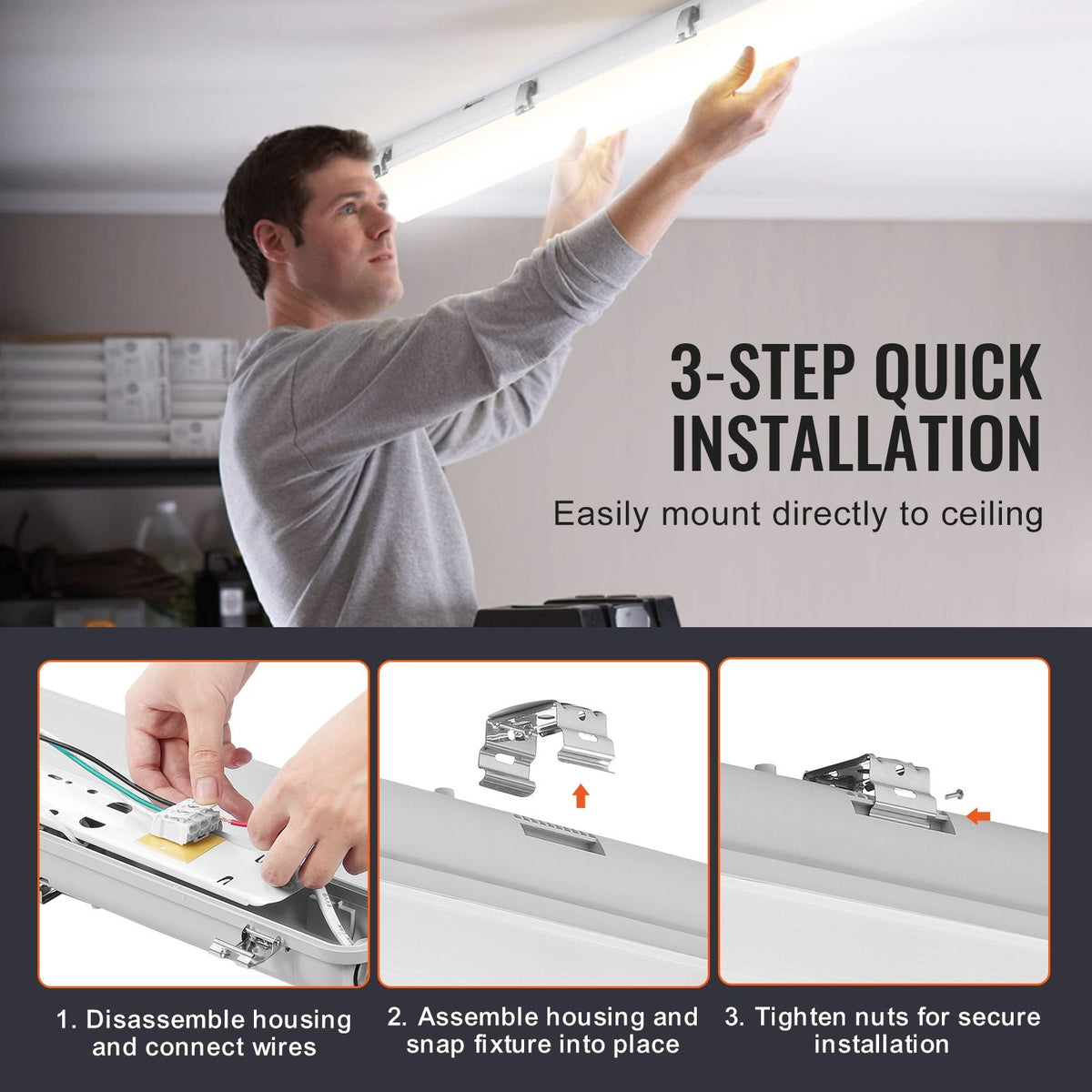 4FT LED Vapor Tight Light, 60W/50W/40W Selectable, 5000K Vapor Proof Light Fixture with 5400/6400/7400LM Adjustable, IP65 Waterproof for Parking Lot Warehouse Walk-In Freezer Car Wash, 4-Pack