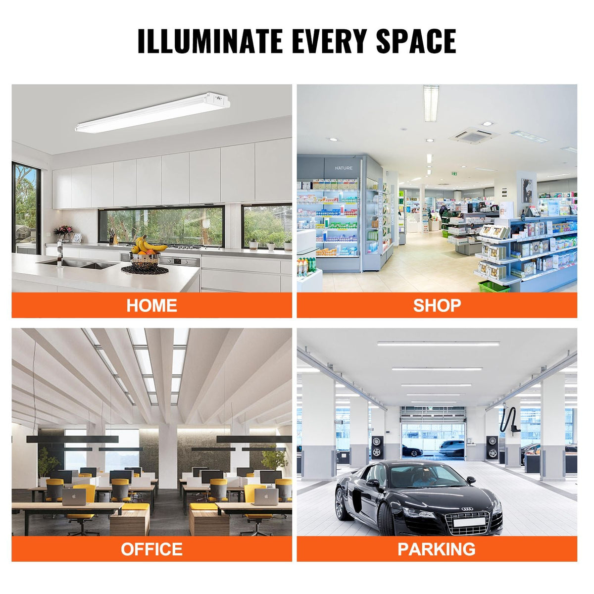 4FT LED Wraparound Light, 50W, 5500LM Flush Mount LED Shop Light, 3000K/4000K/5000K Adjustable LED Kitchen Ceiling Lighting Fixtures for Garage Office Laundry Fluorescent Tube Replacement, FCC