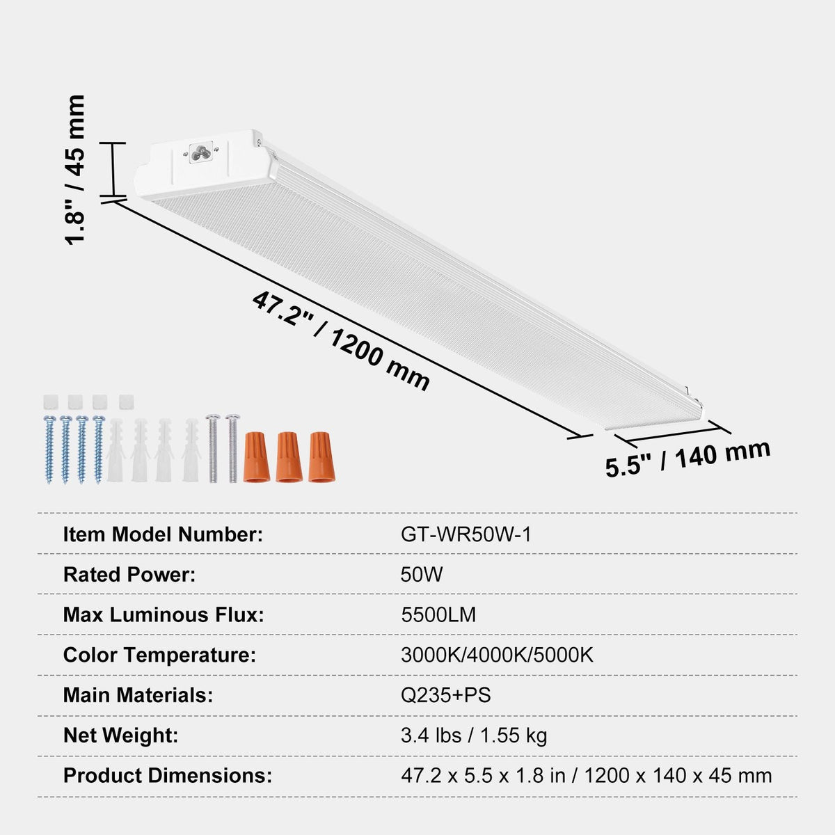 4FT LED Wraparound Light, 50W, 5500LM Flush Mount LED Shop Light, 3000K/4000K/5000K Adjustable LED Kitchen Ceiling Lighting Fixtures for Garage Office Laundry Fluorescent Tube Replacement, FCC