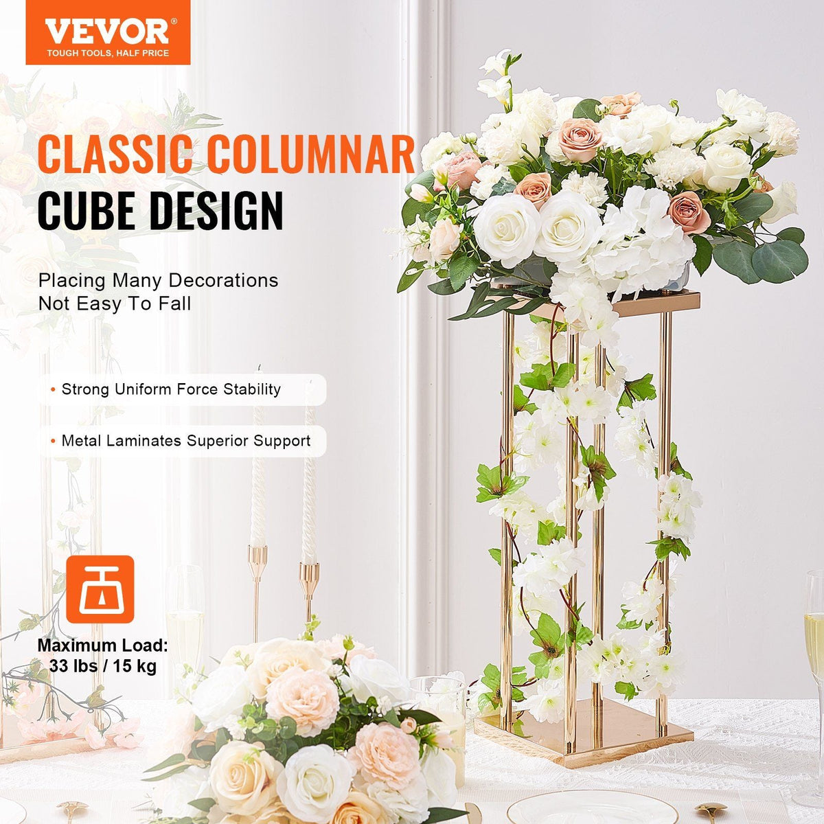 4PCS Gold Metal Column Wedding Flower Stand, 23.6inch High With Metal Laminate, Vase Geometric Centerpiece Stands, Cylindrical Floral Display Rack for Events Reception, Party Road Leads
