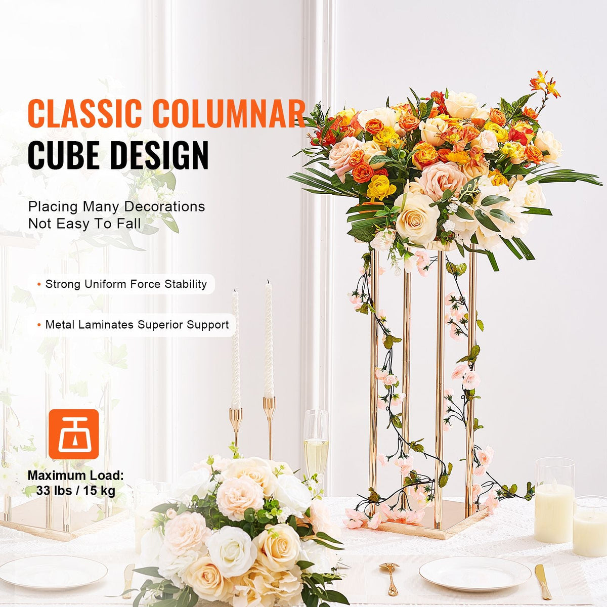 4PCS Gold Metal Column Wedding Flower Stand, 31.5inch High With Metal Laminate, Vase Geometric Centerpiece Stands, Cylindrical Floral Display Rack for Events Reception, Party Road Leads