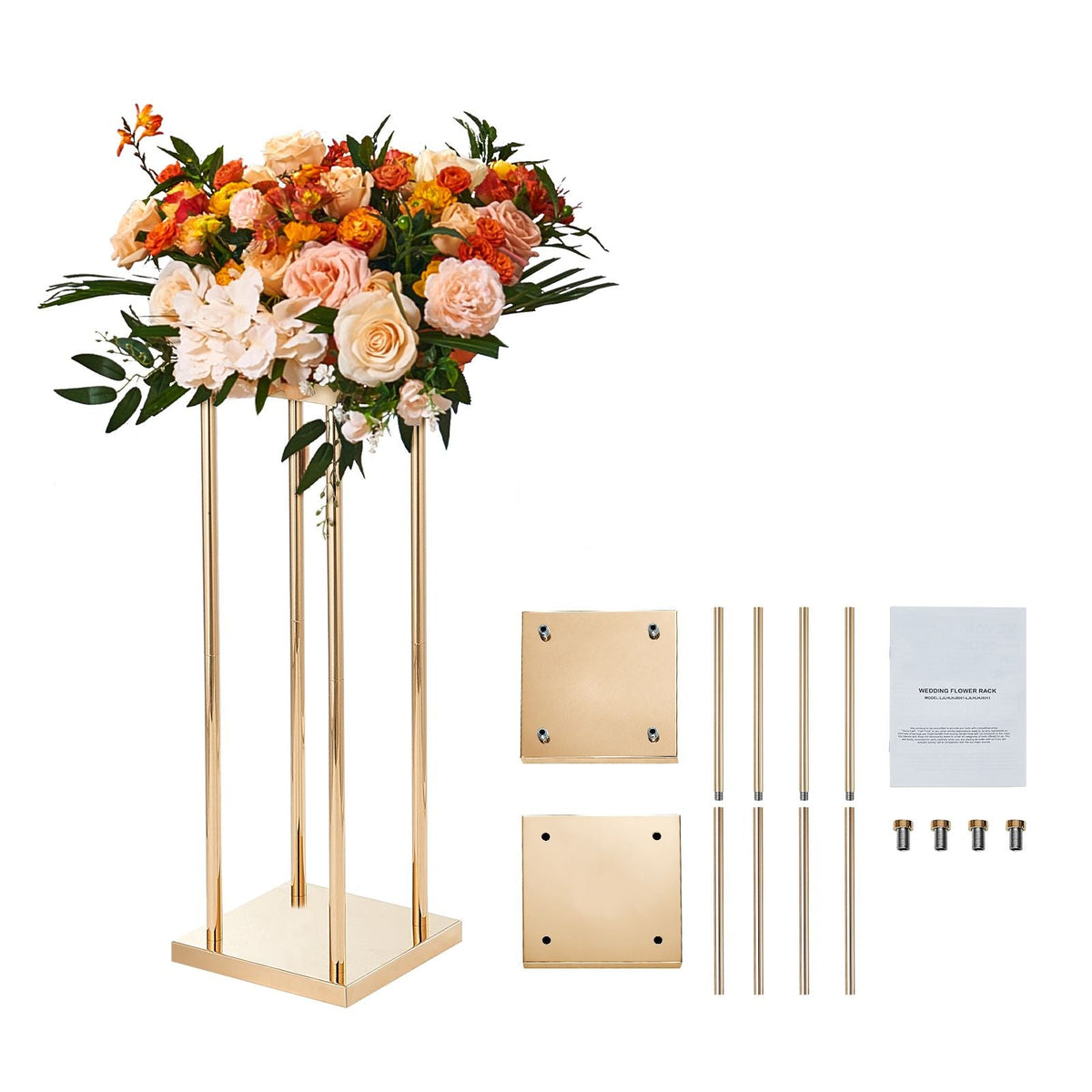 4PCS Gold Metal Column Wedding Flower Stand, 31.5inch High With Metal Laminate, Vase Geometric Centerpiece Stands, Cylindrical Floral Display Rack for Events Reception, Party Road Leads