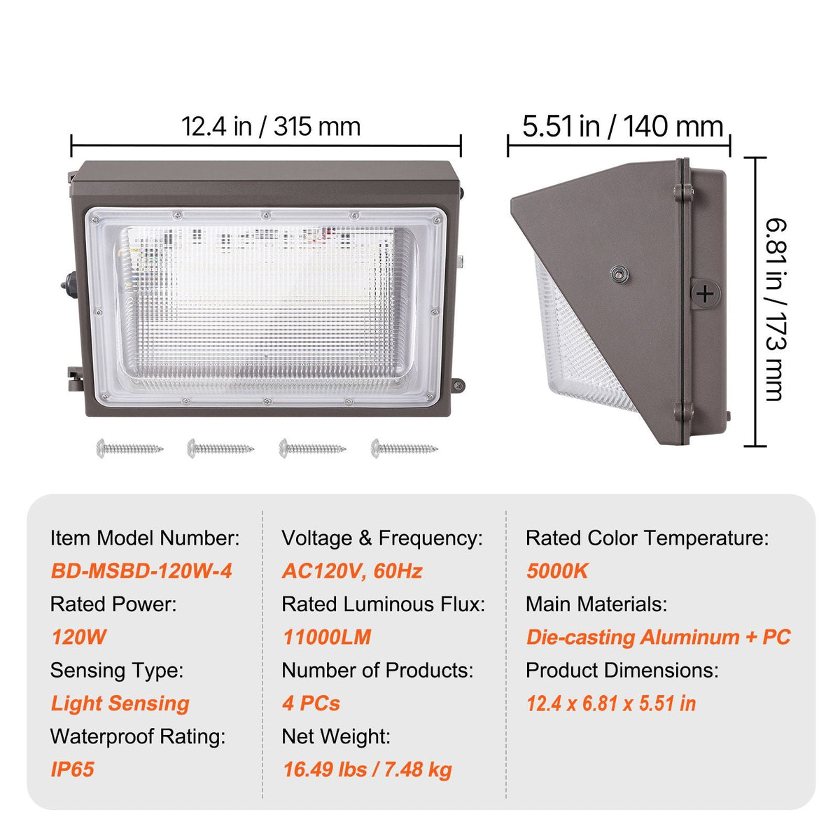 4PCs LED Wall Pack Lights, 120W 11000LM, 5000K Commercial Outdoor Lights Security Lighting Fixture, with Intelligent Light Sensing 240 LED beads Energy Saving for Garages Yards, IP65 Waterproof