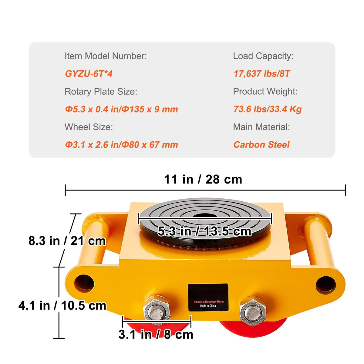 4PCS Machinery Skate Dolly, 17637 LBS/8T Industrial Machinery Mover, Heavy Duty Carbon Steel Machinery Moving Skate with 4 PU Wheels and 360° Rotation Non-Slip Cap for Warehouse, Workshop, Facto