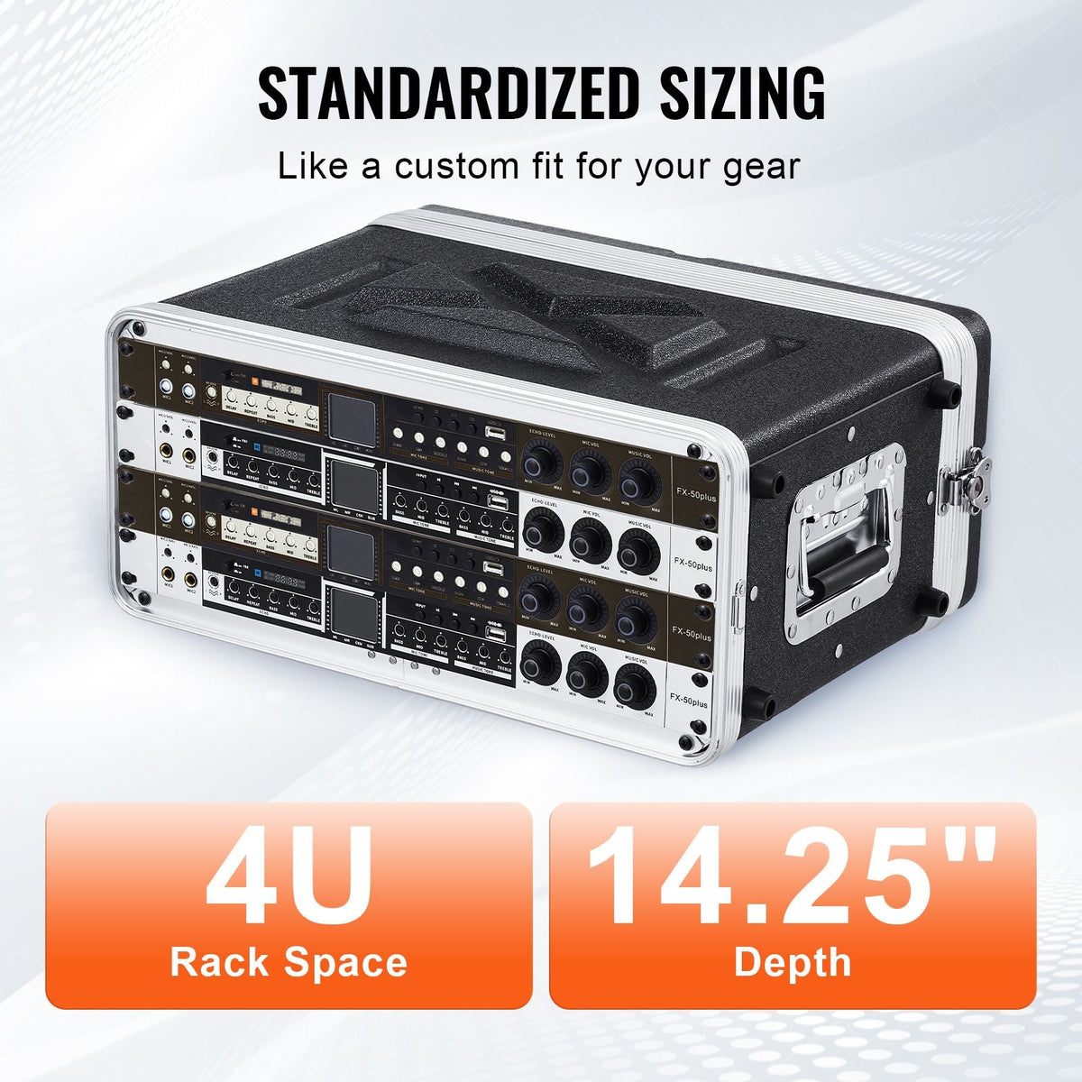 4U Rack Case, Standard 14 in Depth, Server Rack Cabinet with ABS Construction Handle Heavy-Duty Twist Butterfly Latches, Detachable Front & Back Panels, for Amps, Mixers, Microphone Receivers