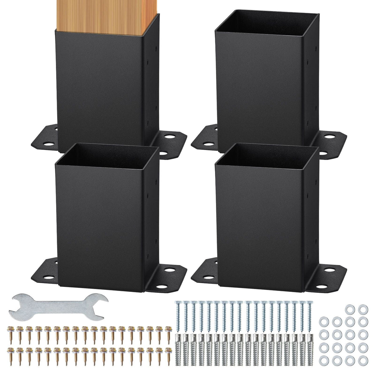 4x4 Post Base 4 Pcs, Inner Size 3.6"x3.6" Post Base Brackets, Heavy Duty Powder-Coated Post Anchor Matte Black Wood Post Brackets for Pavilion Deck Railing Support Deck Base Plate