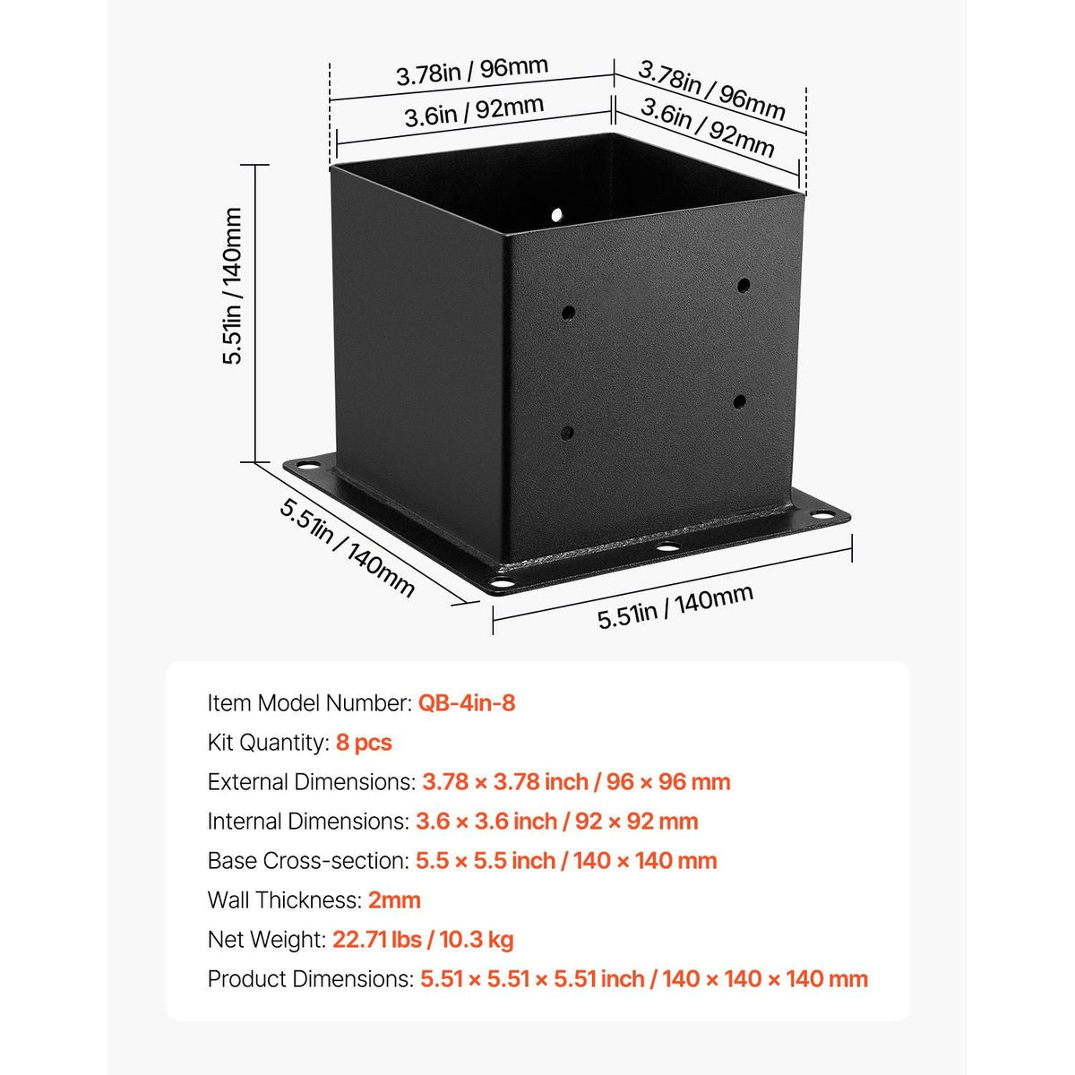 4x4 Post Base 8 Pcs, Inner Size 3.6x3.6 inch / 92x92 mm Post Brackets, Heavy Duty Carbon Steel Decking Posts, Wood Posts Brackets for Pavilion Deck Railing Support Deck Base Plate, Black