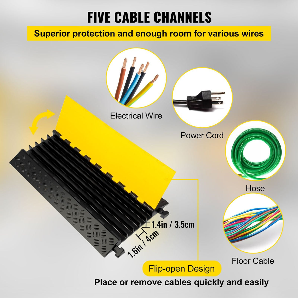 5 Channel Cable Protectors Extreme Rubber Cable Ramps Heavy Duty Protective Cable Wire Cord Ramp Driveway Rubber Traffic Speed Bumps Cable Protector (5-Channel, 1Pack-18000Lb)