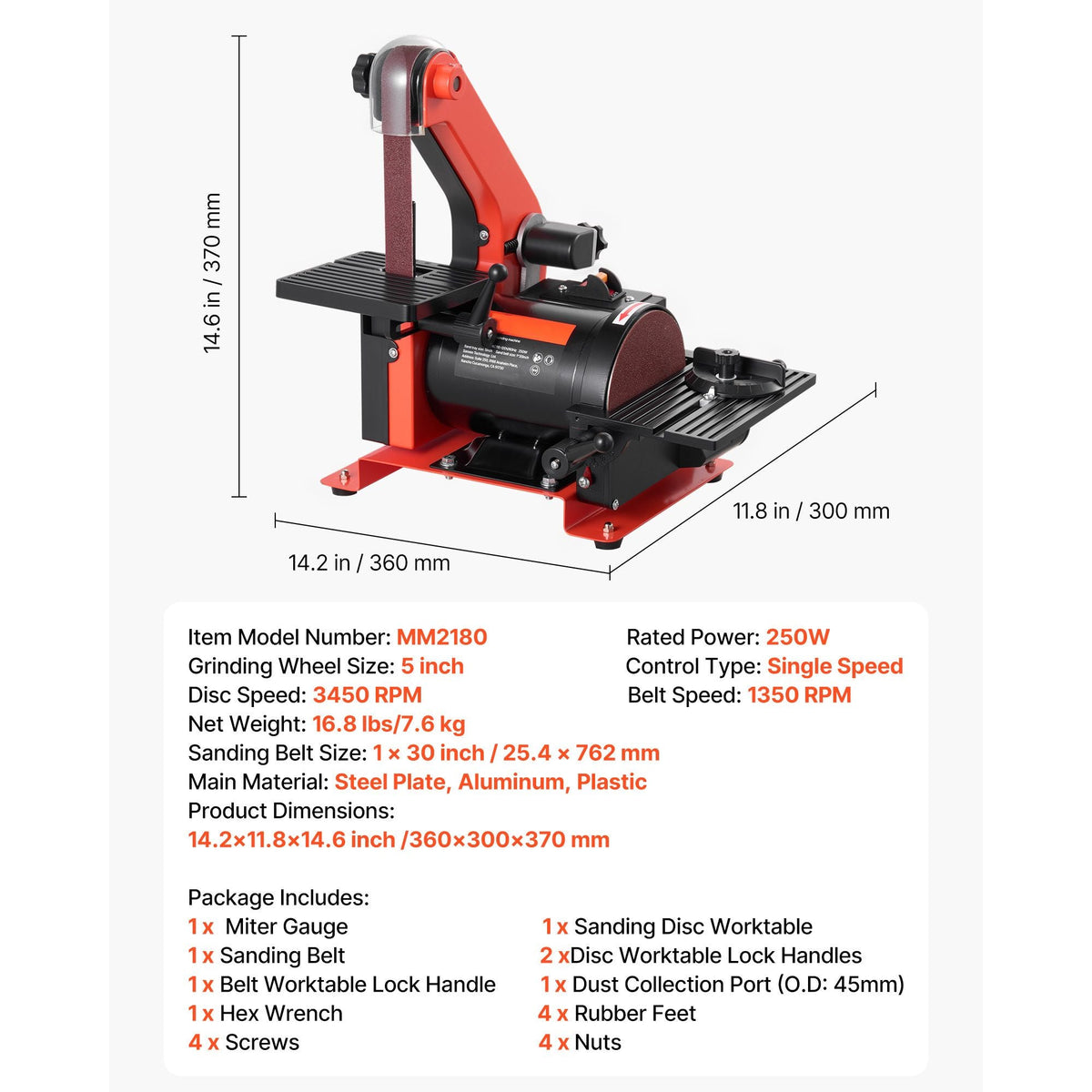 5" Disc Sander & 1" x 30" Belt Sander, 250W Benchtop Belt Disc Sanders Combo with 0 - 45° Adjustable Worktable & Dust Collection Ports for Woodworking, Furniture Refinishing, DIY Crafting