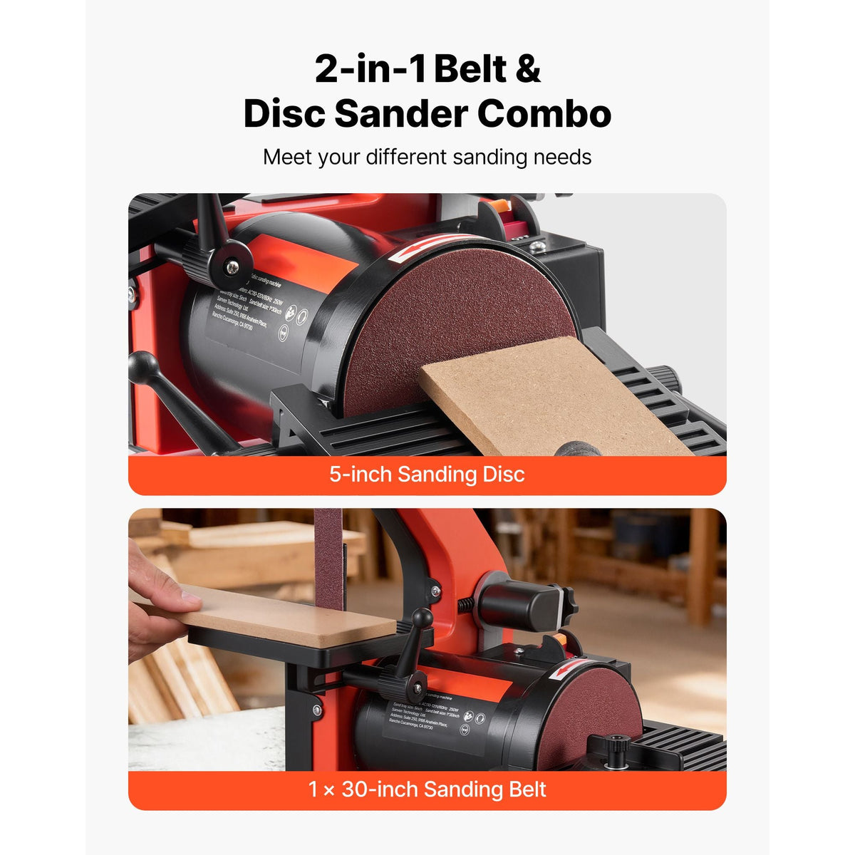 5" Disc Sander & 1" x 30" Belt Sander, 250W Benchtop Belt Disc Sanders Combo with 0 - 45° Adjustable Worktable & Dust Collection Ports for Woodworking, Furniture Refinishing, DIY Crafting