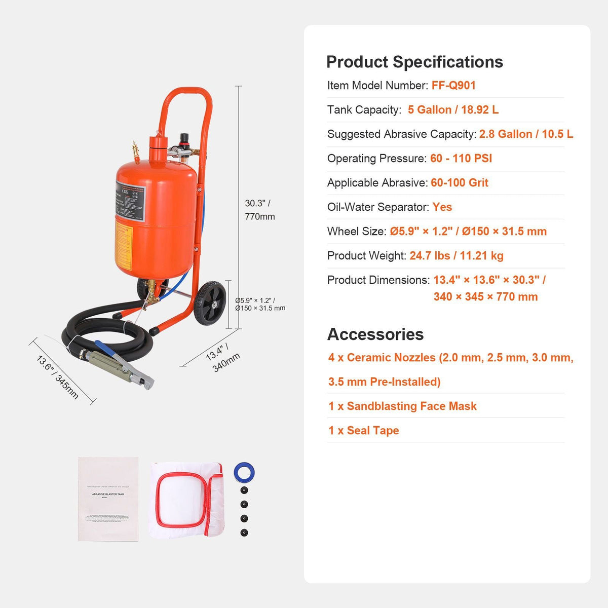 5 Gallon Sand Blaster, 60-110 PSI High Pressure Sandblaster, Portable Abrasive Blasting Tank, Air Sand Blasting Kit with 4 Ceramic Nozzles and Oil-Water Separator for Paint, Stain, Rust Removal