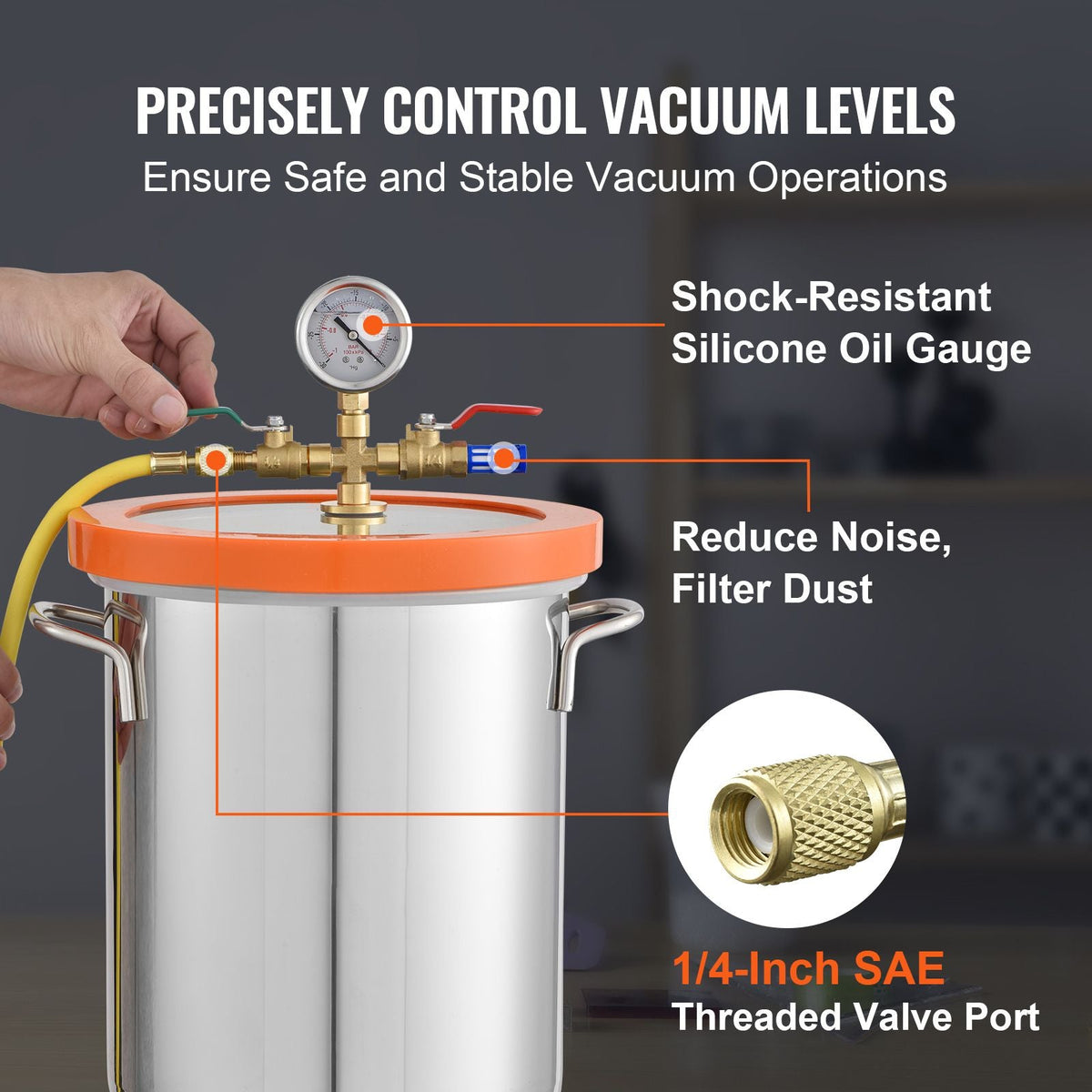 5 Gallon Vacuum Chamber, Upgraded Tempered Glass Lid Vacuum Degassing Chamber, 304 Stainless Steel Chamber, for Stabilizing Wood, Resin Degassing, Silicone Degassing and Plaster Degassing