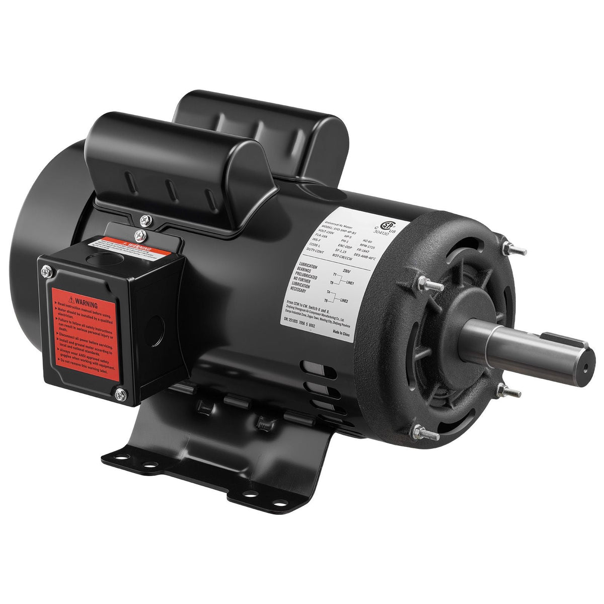5 HP Electric Motor, 1725RPM Air Compressor Motor, CW/CCW Rotation, 1.125 inch Shaft Diameter, 2.75inch Shaft Length, 20.7N.m Torque, Single-Phase, ODP Cooling, 230V, 184T Frame