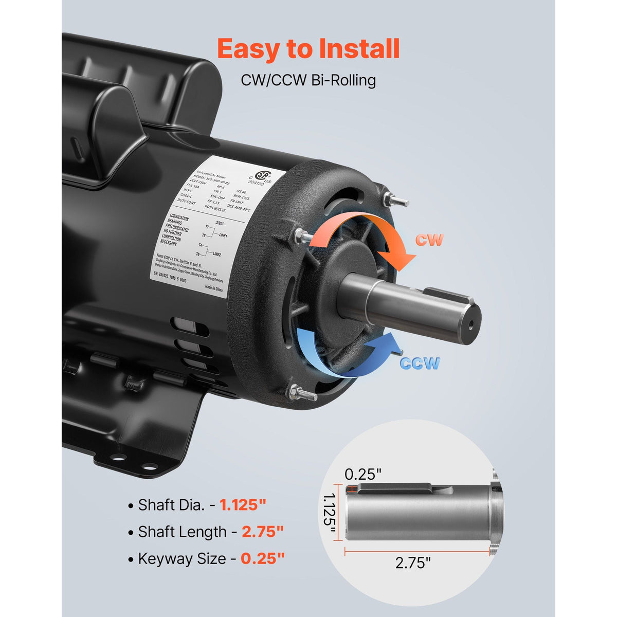 5 HP Electric Motor, 1725RPM Air Compressor Motor, CW/CCW Rotation, 1.125 inch Shaft Diameter, 2.75inch Shaft Length, 20.7N.m Torque, Single-Phase, ODP Cooling, 230V, 184T Frame