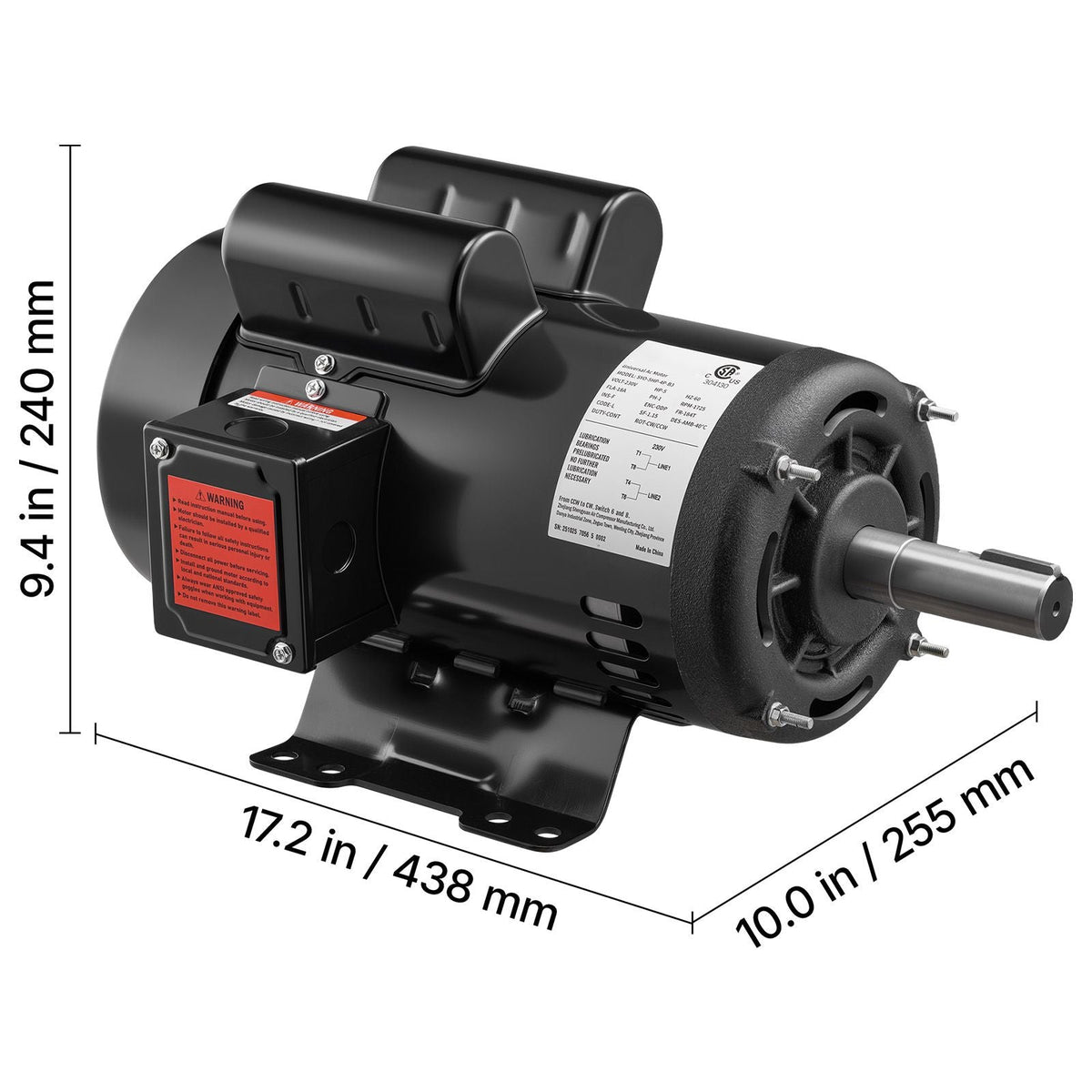 5 HP Electric Motor, 1725RPM Air Compressor Motor, CW/CCW Rotation, 1.125 inch Shaft Diameter, 2.75inch Shaft Length, 20.7N.m Torque, Single-Phase, ODP Cooling, 230V, 184T Frame