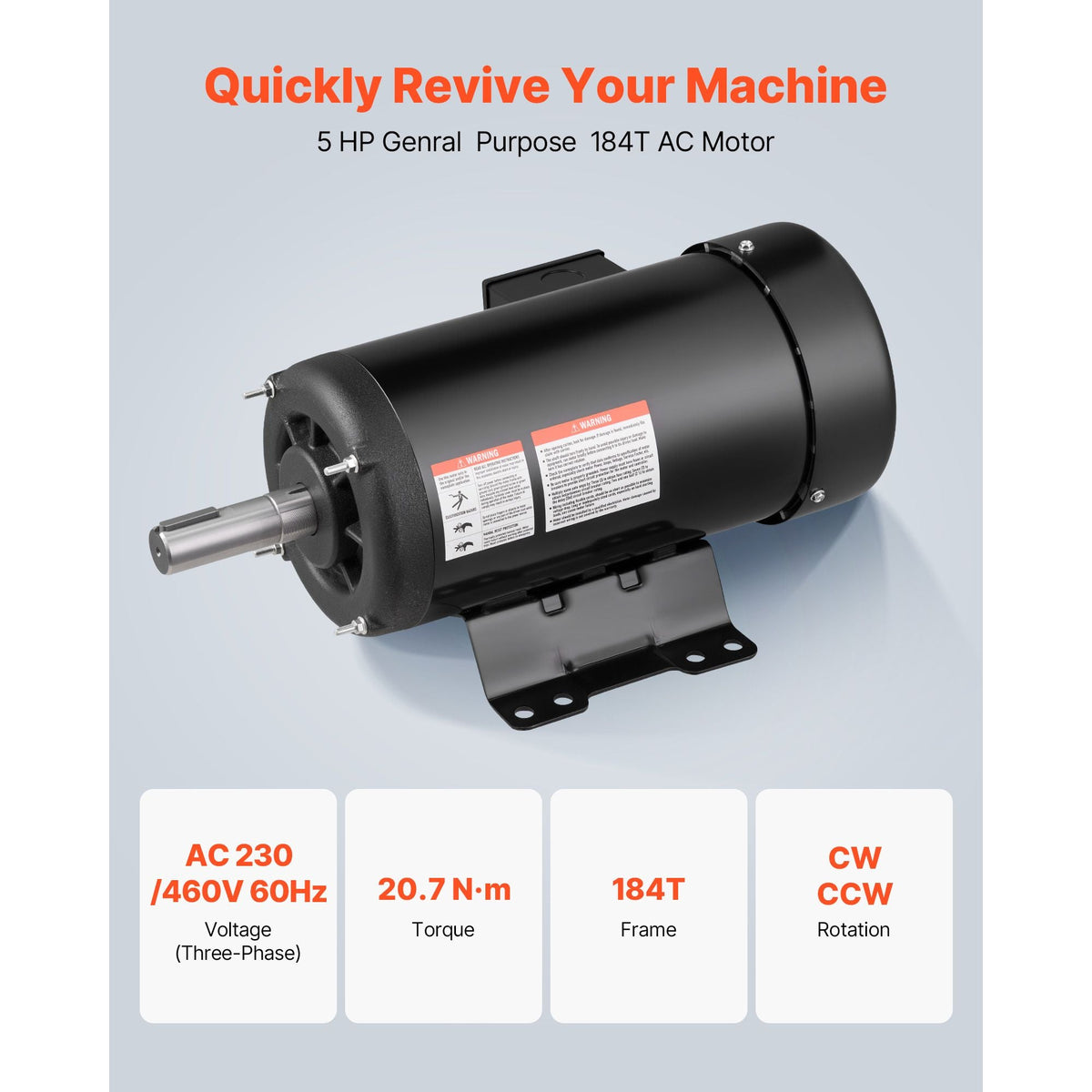 5 HP Electric Motor, 1725RPM Air Compressor Motor, CW/CCW Rotation, 1.125 inch Shaft Diameter, 2.75inch Shaft Length, 20.7N.m Torque, Three-Phase, TEFC Cooling, 230V/460V, 184T Frame