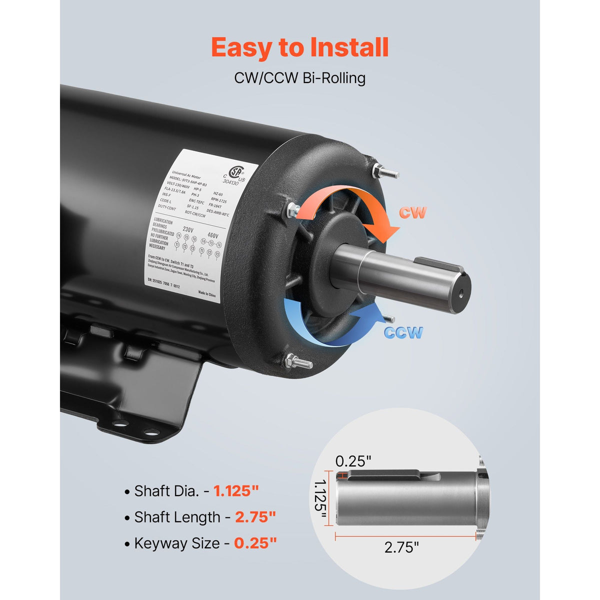 5 HP Electric Motor, 1725RPM Air Compressor Motor, CW/CCW Rotation, 1.125 inch Shaft Diameter, 2.75inch Shaft Length, 20.7N.m Torque, Three-Phase, TEFC Cooling, 230V/460V, 184T Frame